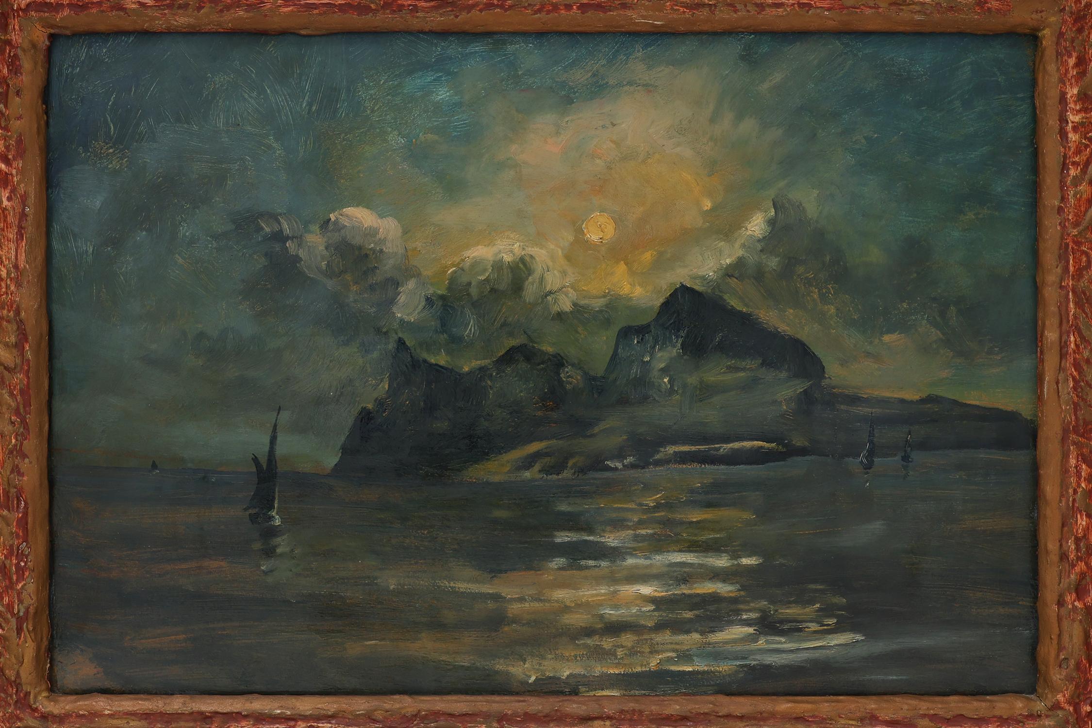 Belgien / 1960 / Malerei / Holz, Karton / Mitte des Jahrhunderts / Vintage

Atemberaubendes Gemälde eines unbekannten belgischen Künstlers von einer Insel im Ozean mit Segelschiffen in einer Vollmondnacht. Gerahmt in einem kühn und künstlerisch