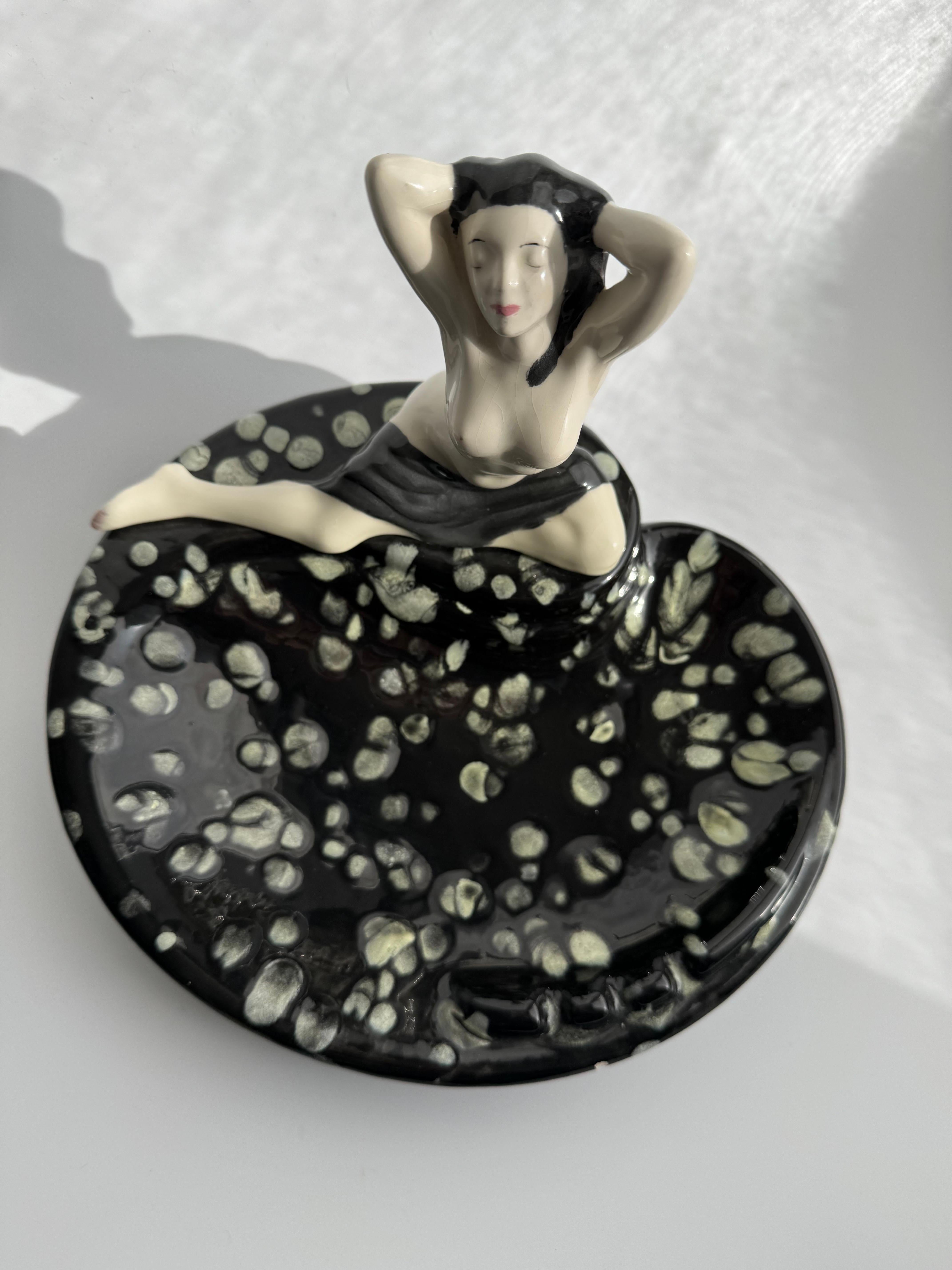 20th Century Large Mid-Century Black and White Nude Woman Ceramic Ashtray  For Sale