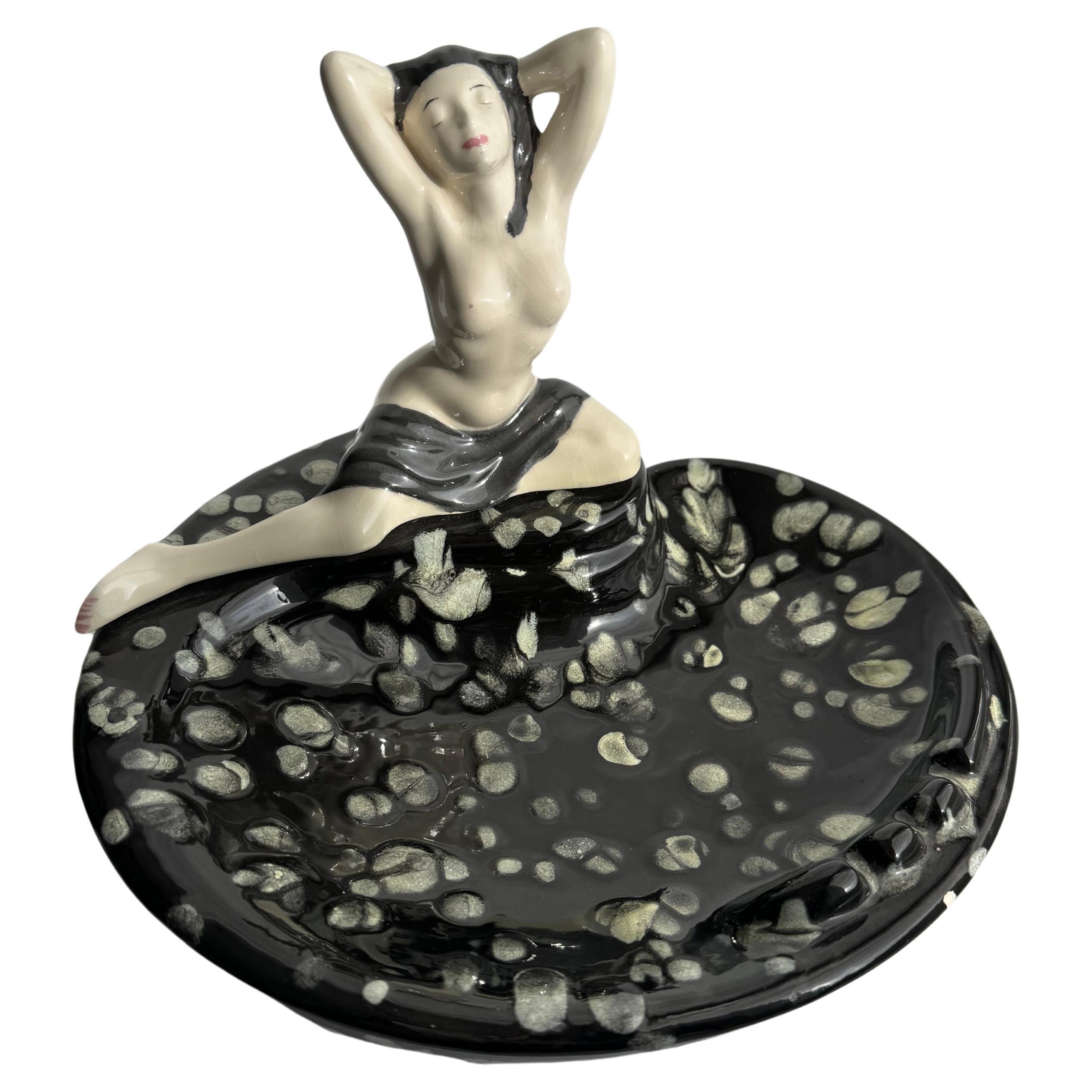 Large Mid-Century Black and White Nude Woman Ceramic Ashtray 