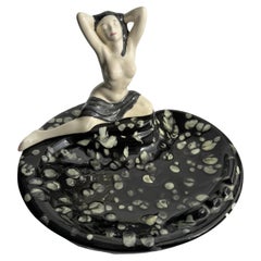 Vintage Large Mid-Century Black and White Nude Woman Ceramic Ashtray 