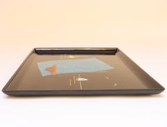 Large Mid-Century Black Resin Tray with Inlaid Sailboats and Lighthouse Motif