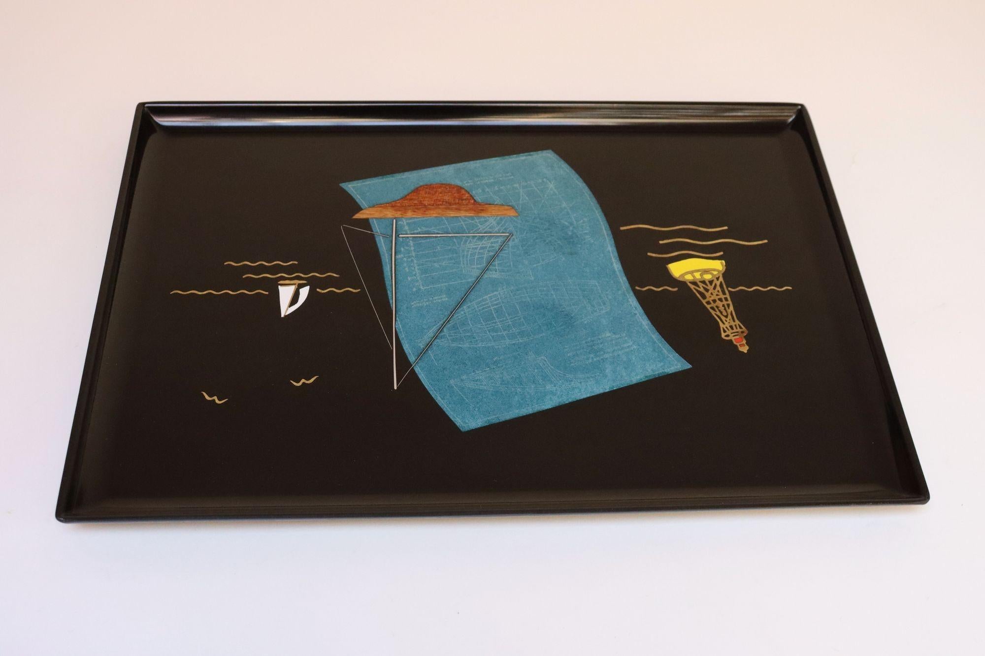 Mid-Century Modern Large Mid-Century Black Resin Tray with Inlaid Sailboats and Lighthouse Motif For Sale