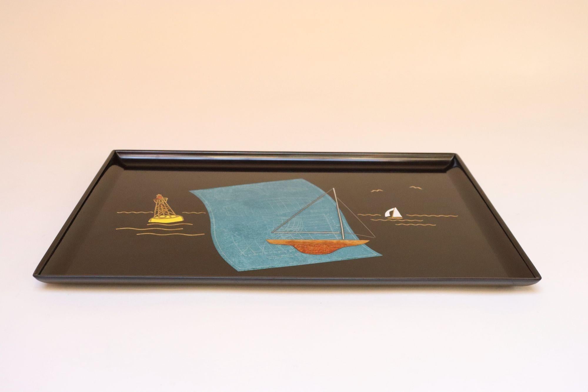 Inlay Large Mid-Century Black Resin Tray with Inlaid Sailboats and Lighthouse Motif For Sale