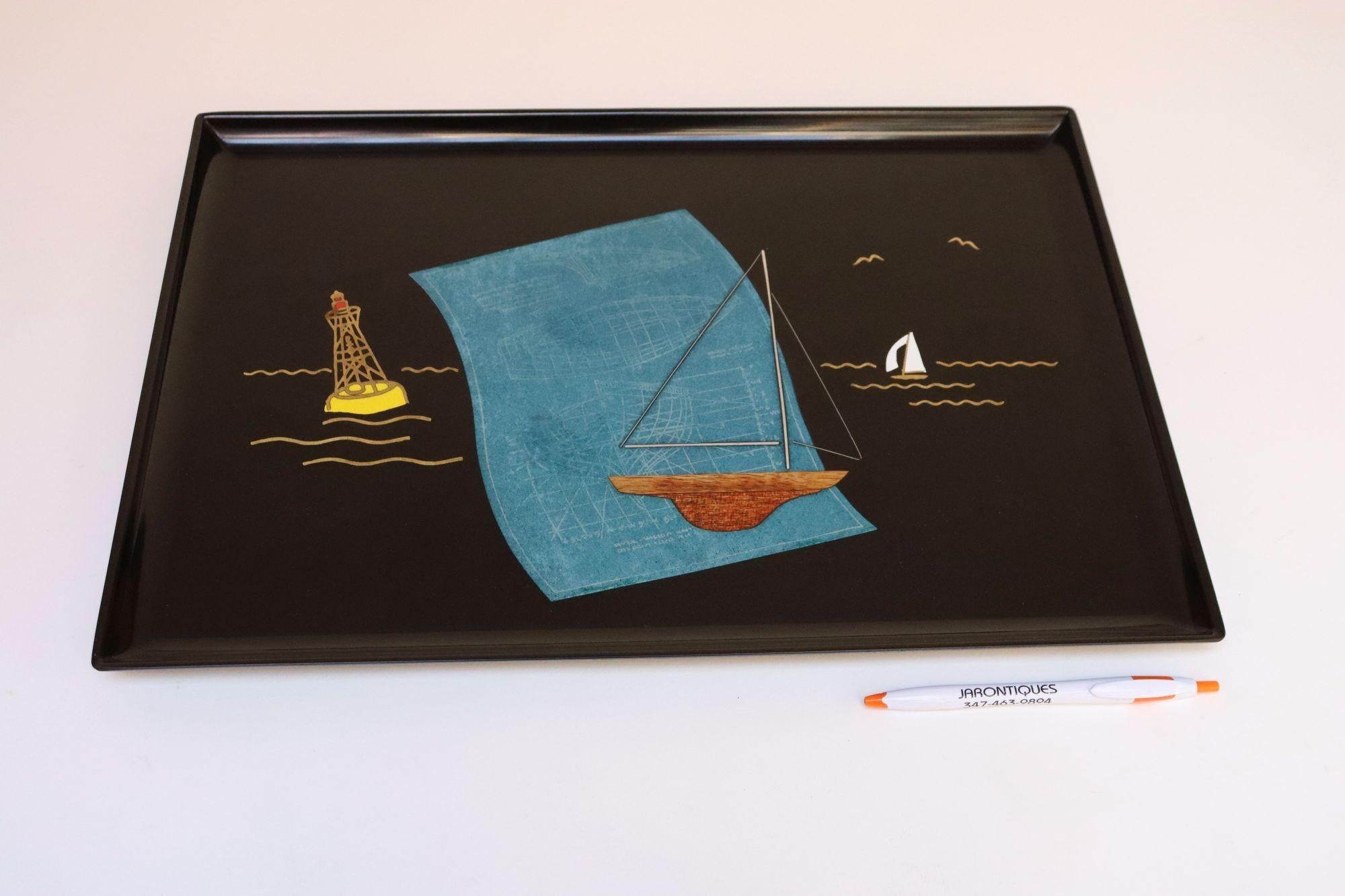 Mid-20th Century Large Mid-Century Black Resin Tray with Inlaid Sailboats and Lighthouse Motif For Sale