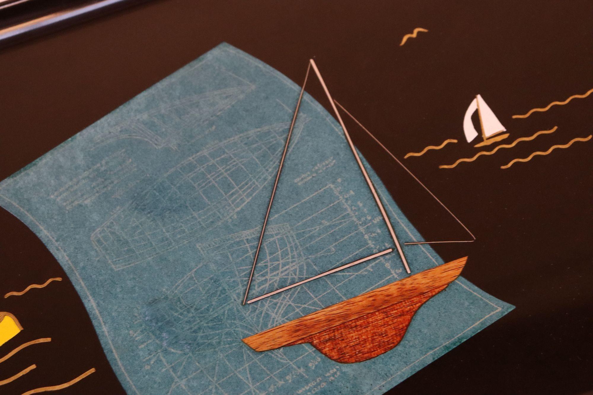 Brass Large Mid-Century Black Resin Tray with Inlaid Sailboats and Lighthouse Motif For Sale
