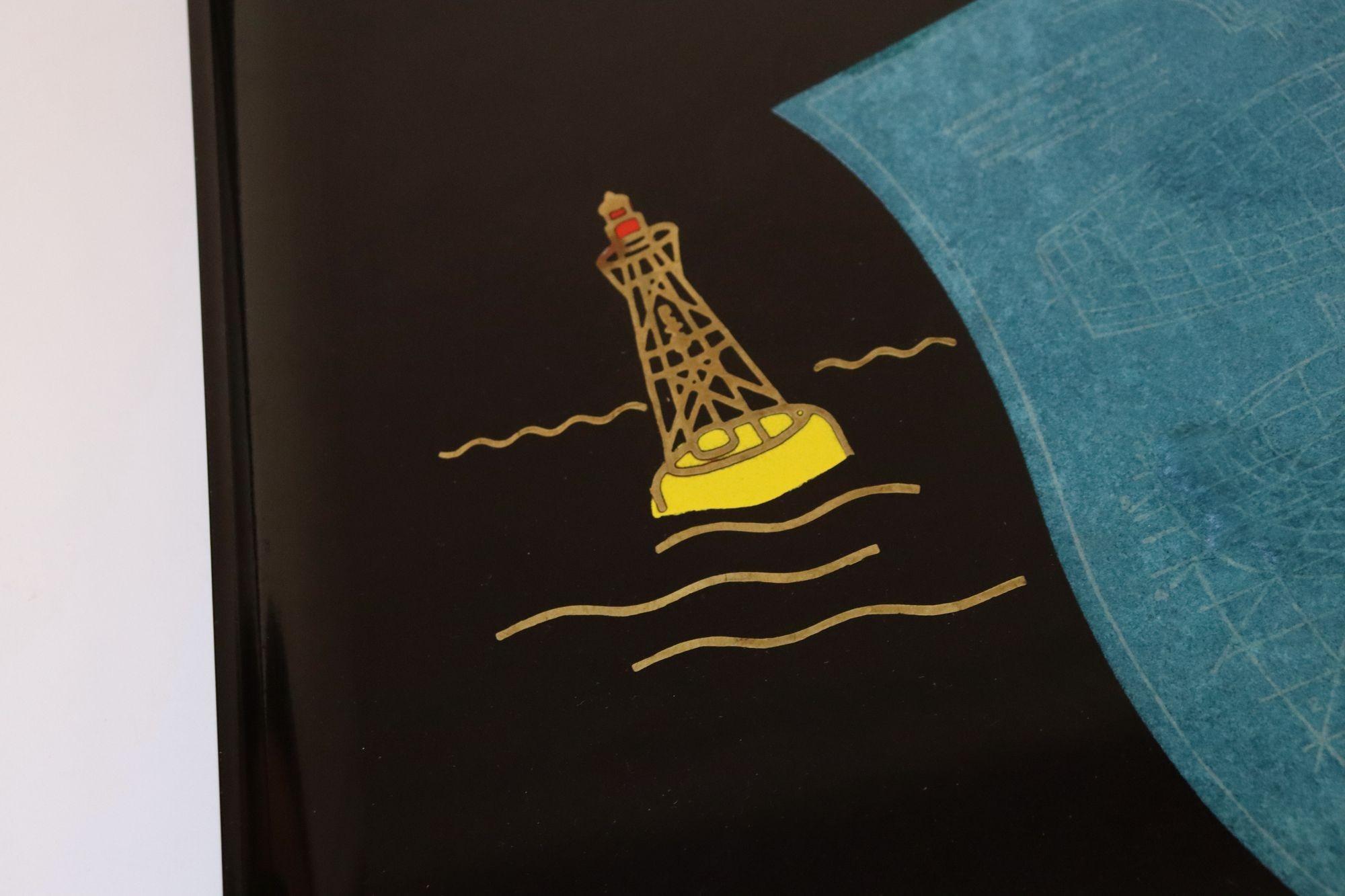 Large Mid-Century Black Resin Tray with Inlaid Sailboats and Lighthouse Motif For Sale 1