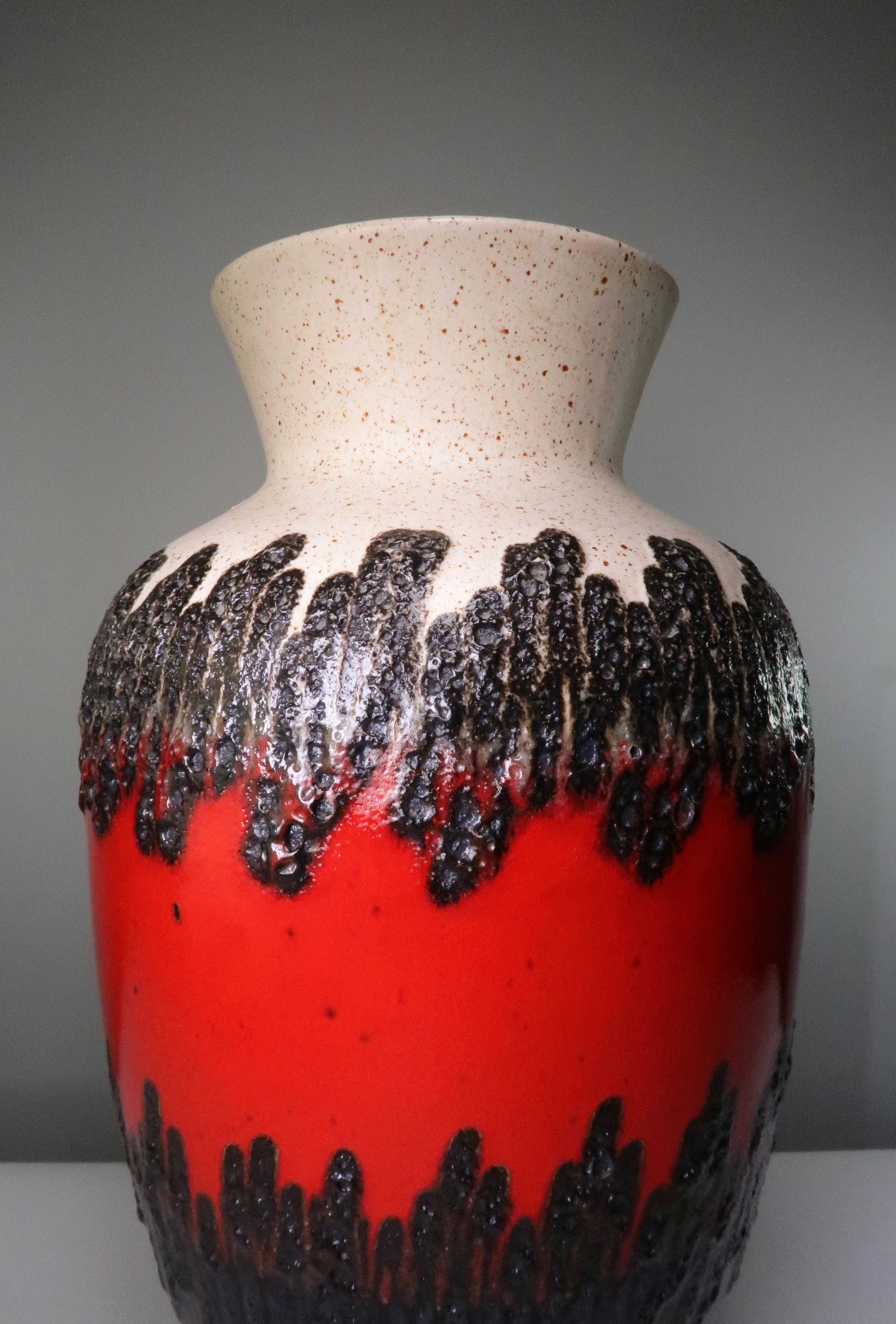German Large Midcentury Blood Red, Black, Brown Floor Vase by Bay Keramik, 1960s