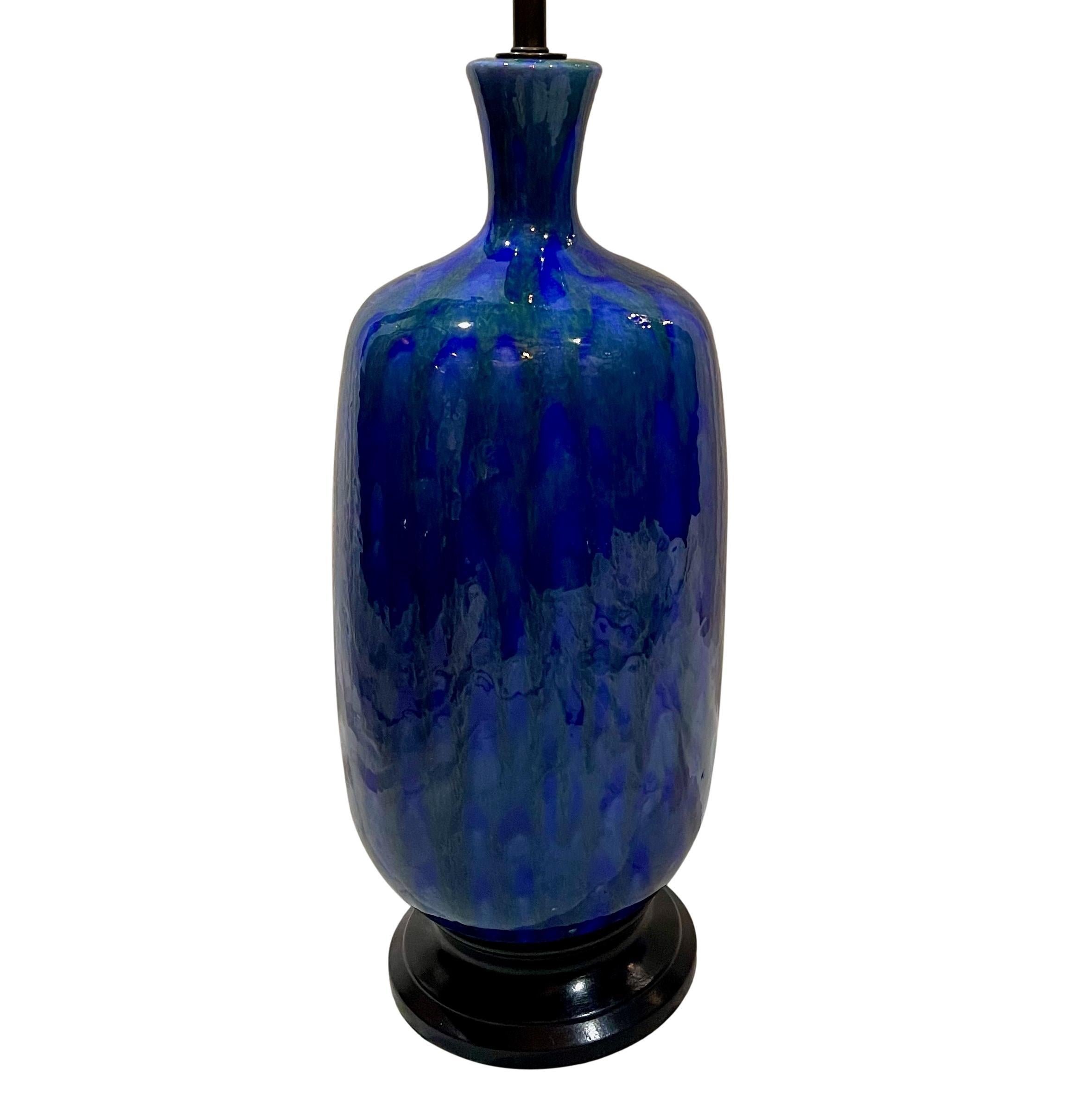 Italian Large Midcentury Blue Porcelain Lamp For Sale