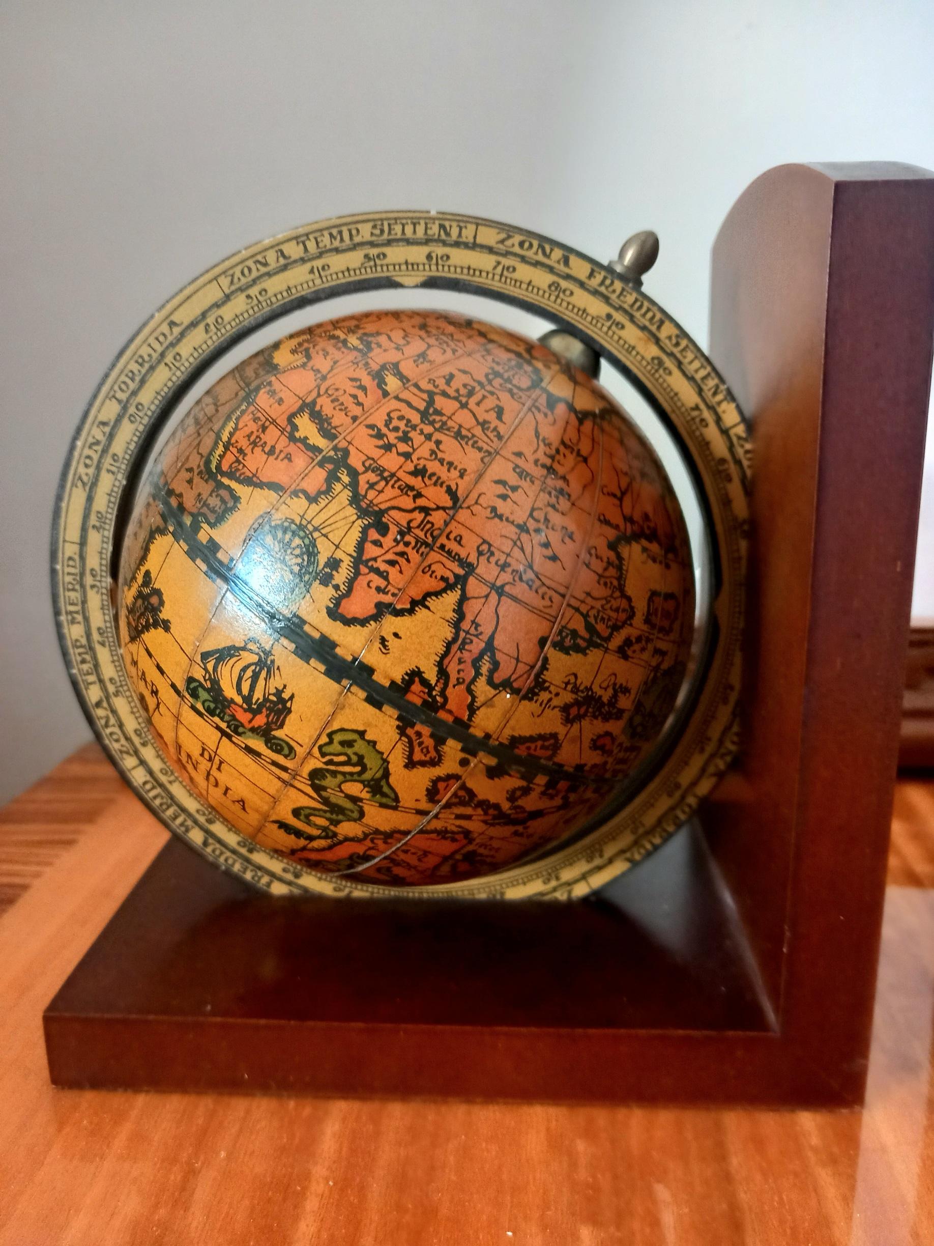 Vintage World Globe Bookends That Spin / Pair Rotating Old World Globes