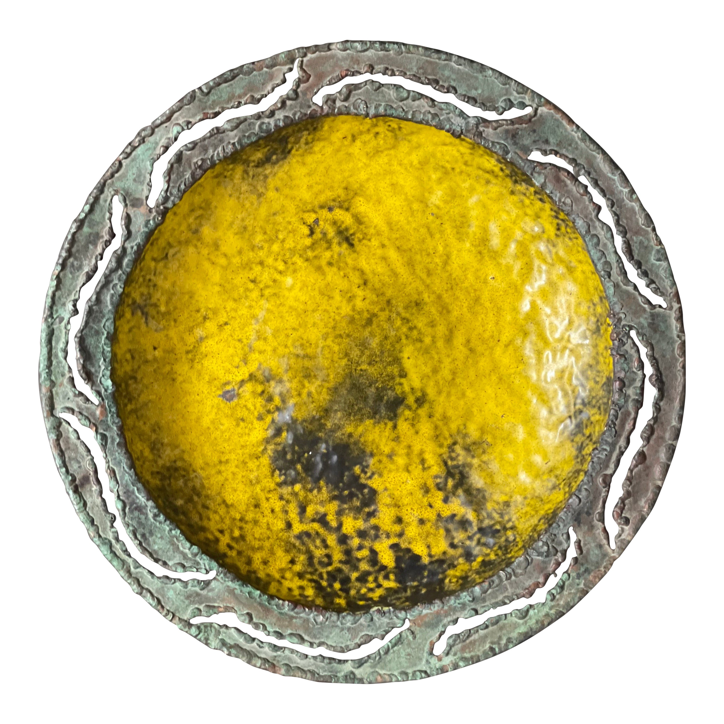Large Mid Century Bowl in Yellow Enamel on Hammered Copper by Marcelo Fantoni