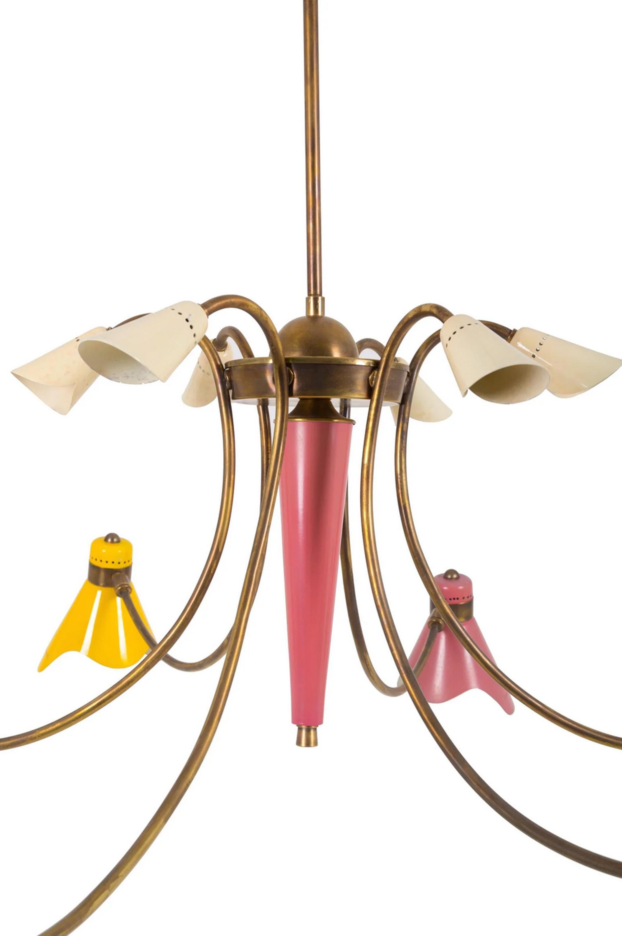An Italian brass chandelier with painted aluminum shades fitted with E14 sockets.
 