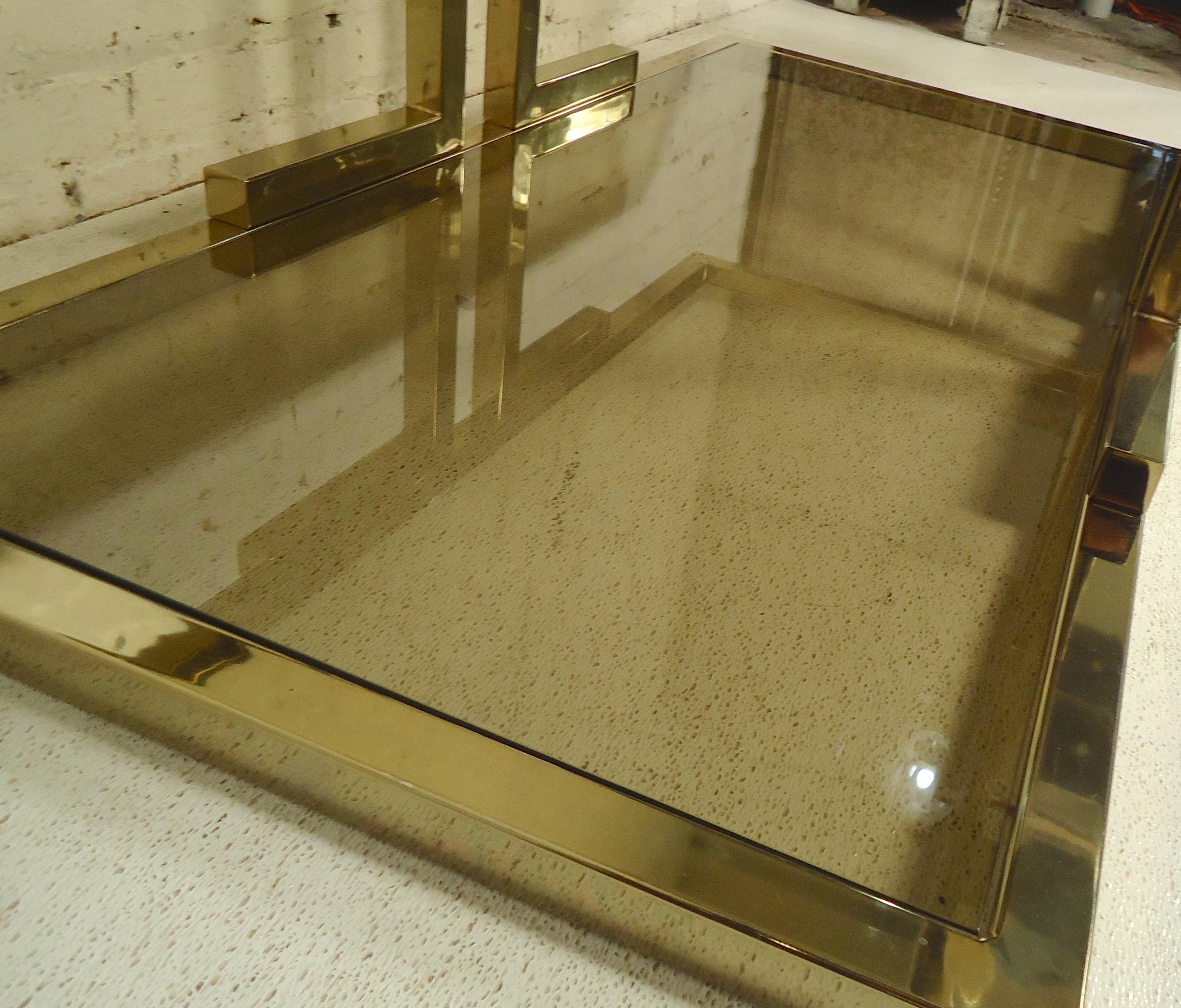 Large Mid-Century Brass Color Glass Coffee Table In Good Condition In Brooklyn, NY