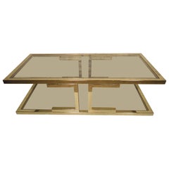 Large Mid-Century Brass Color Glass Coffee Table