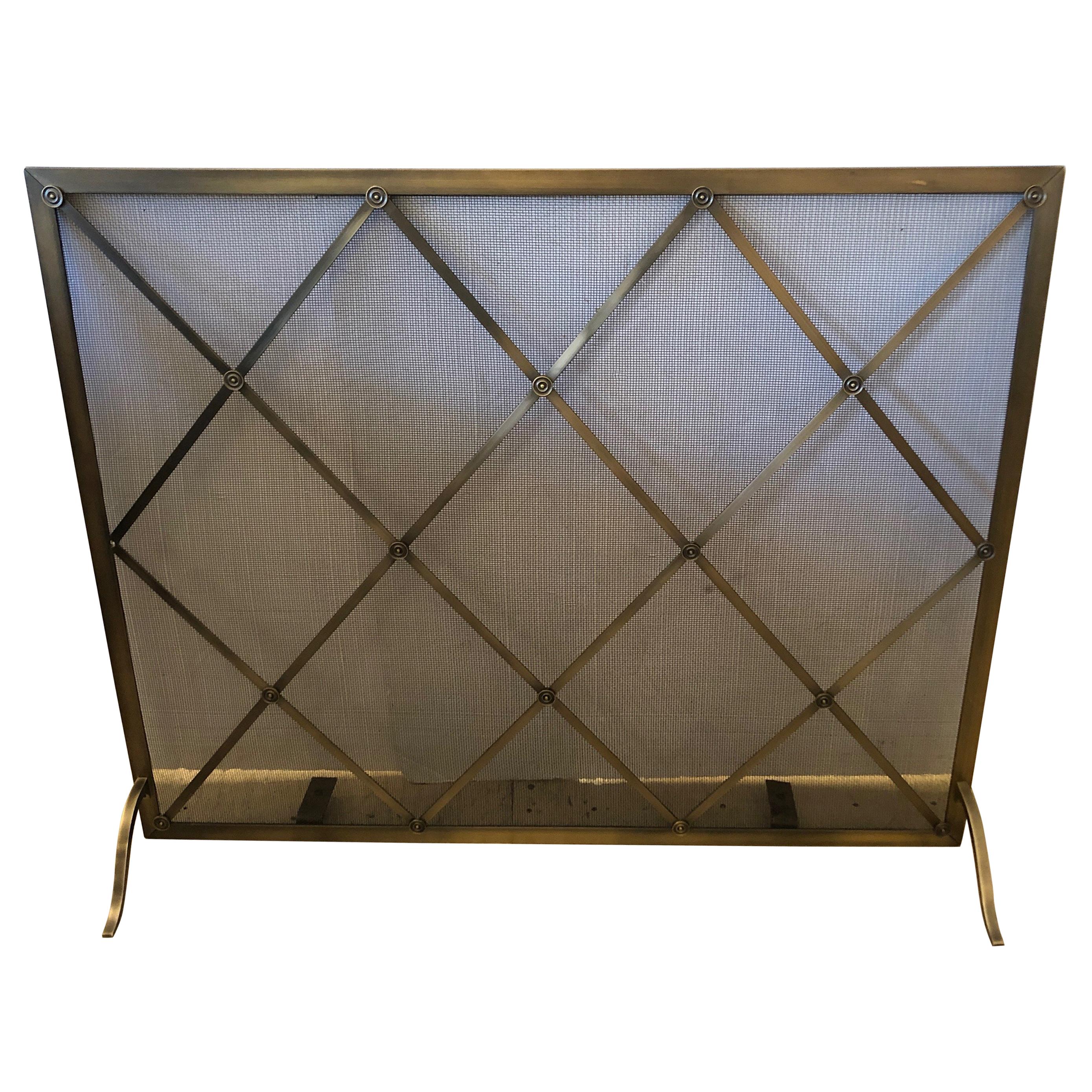 Large Mid Century Brass & Iron Mesh Fireplace Screen in Manner of Jean Royere