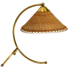 Large Midcentury Brass 'Kiwi', table lamp with Wicker by J. T. Kalmar Vienna