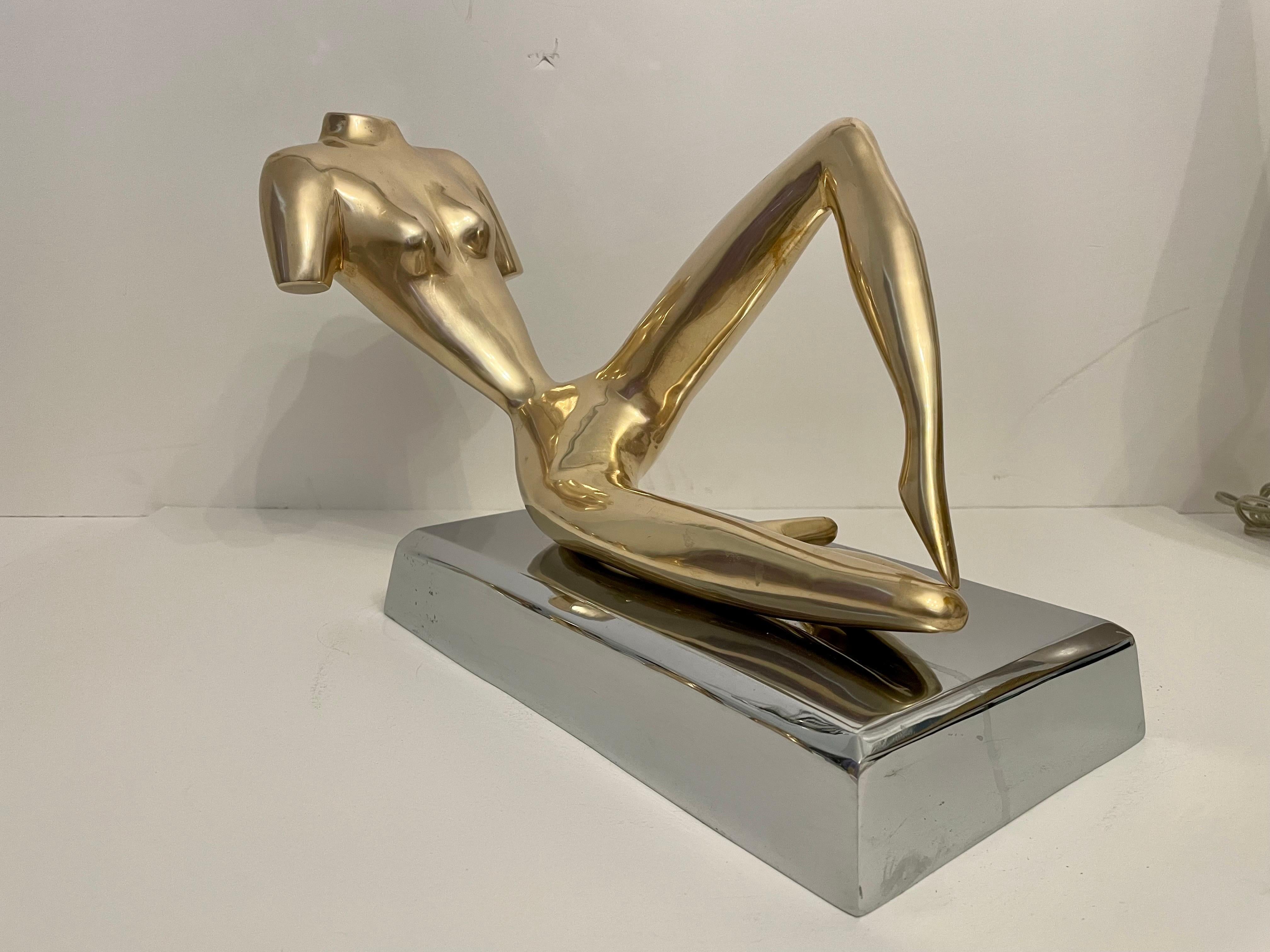 Mid-Century Modern Large Midcentury Brass Reclining Nude Sculpture in the Manner of Jean Arp For Sale