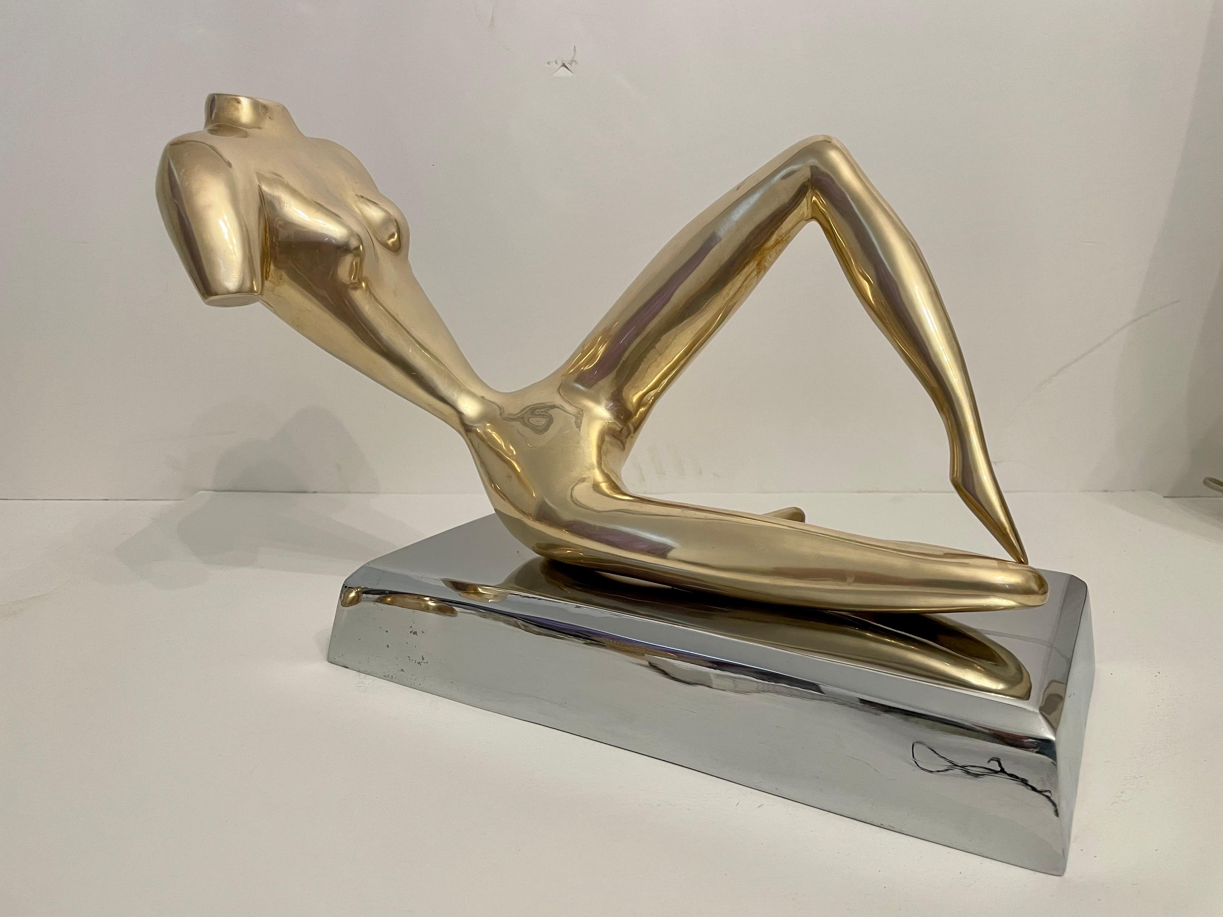 Cast Large Midcentury Brass Reclining Nude Sculpture in the Manner of Jean Arp For Sale
