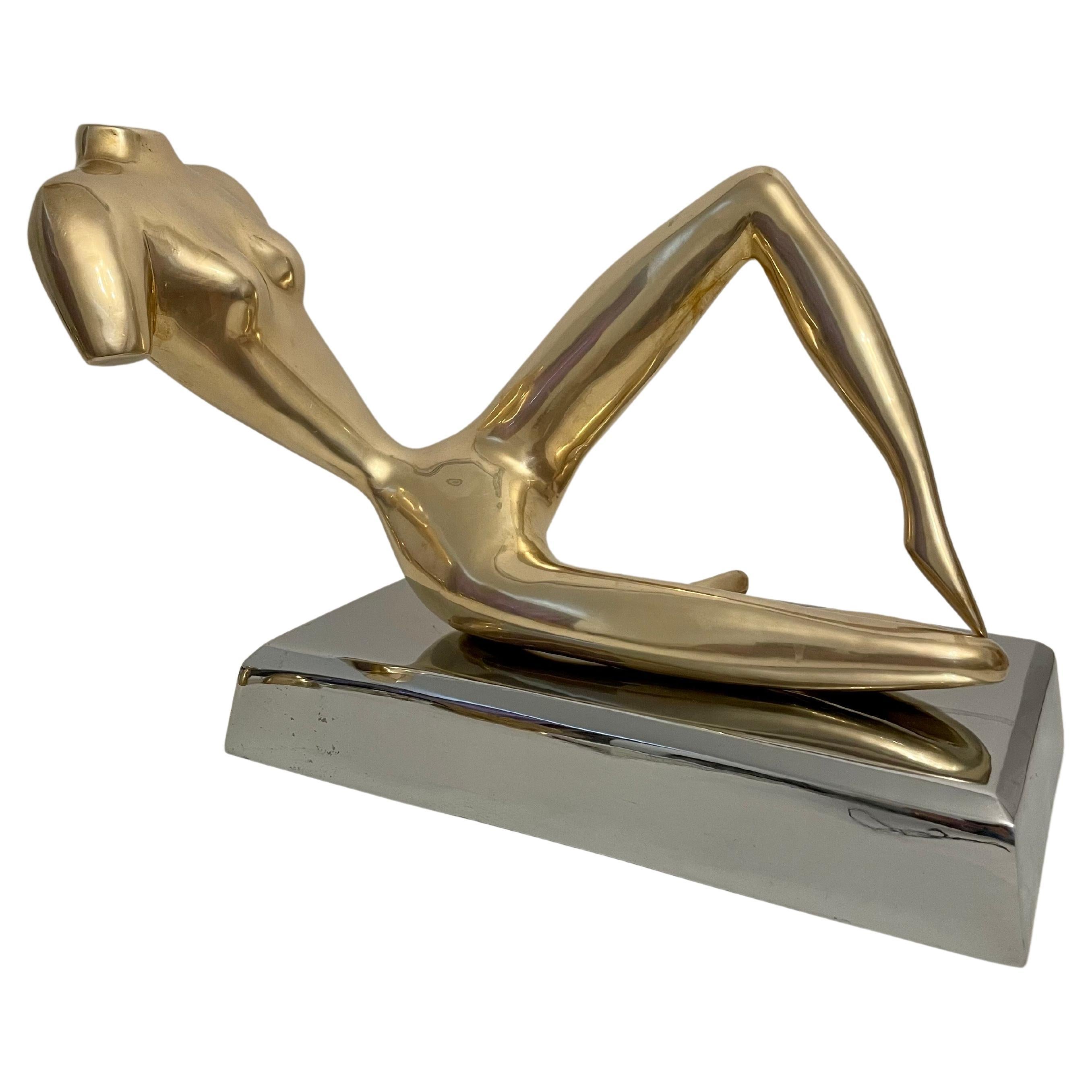 Large Midcentury Brass Reclining Nude Sculpture in the Manner of Jean Arp For Sale