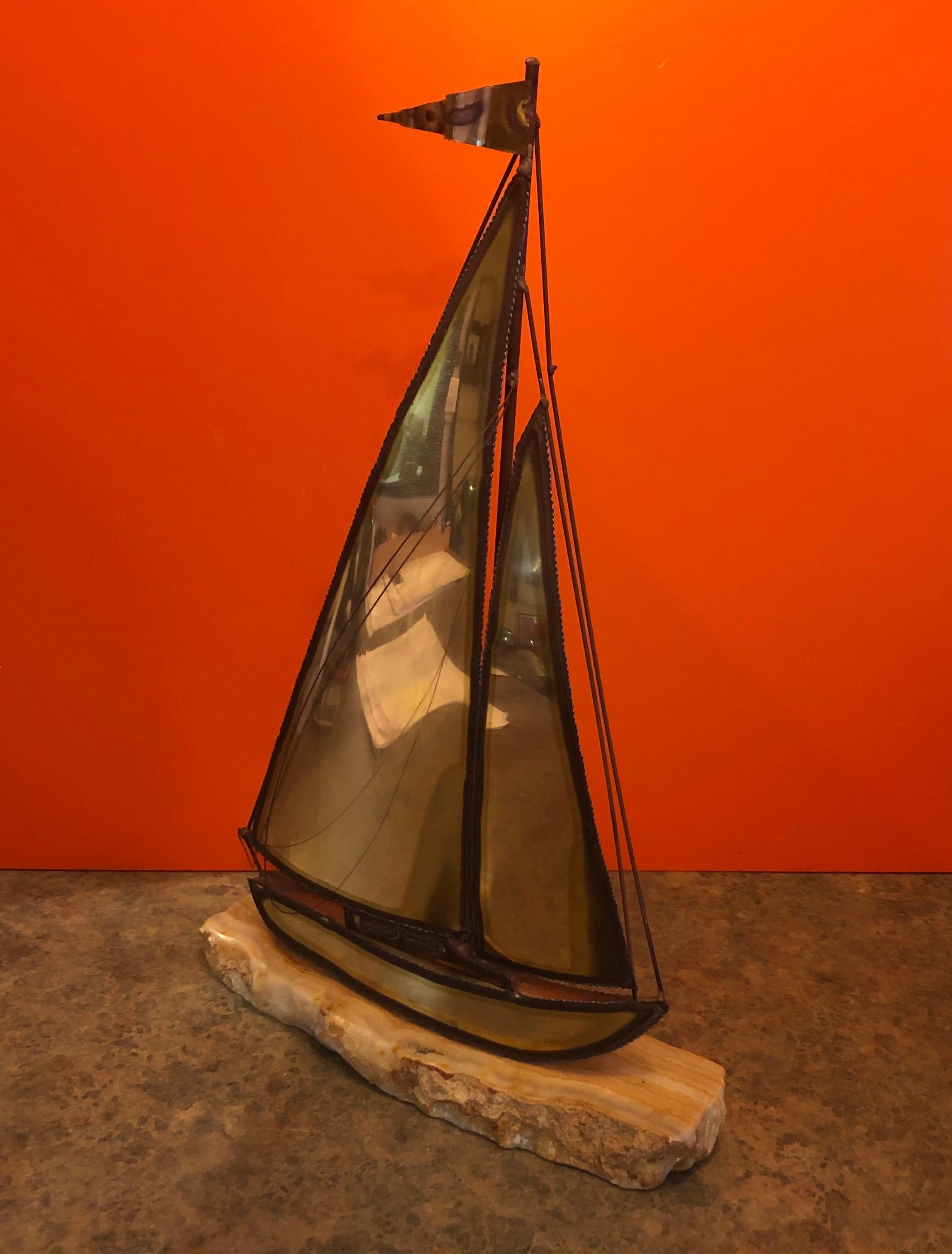Mid-Century Modern Large Midcentury Brass Sailboat Sculpture on Onyx Base by Demott For Sale