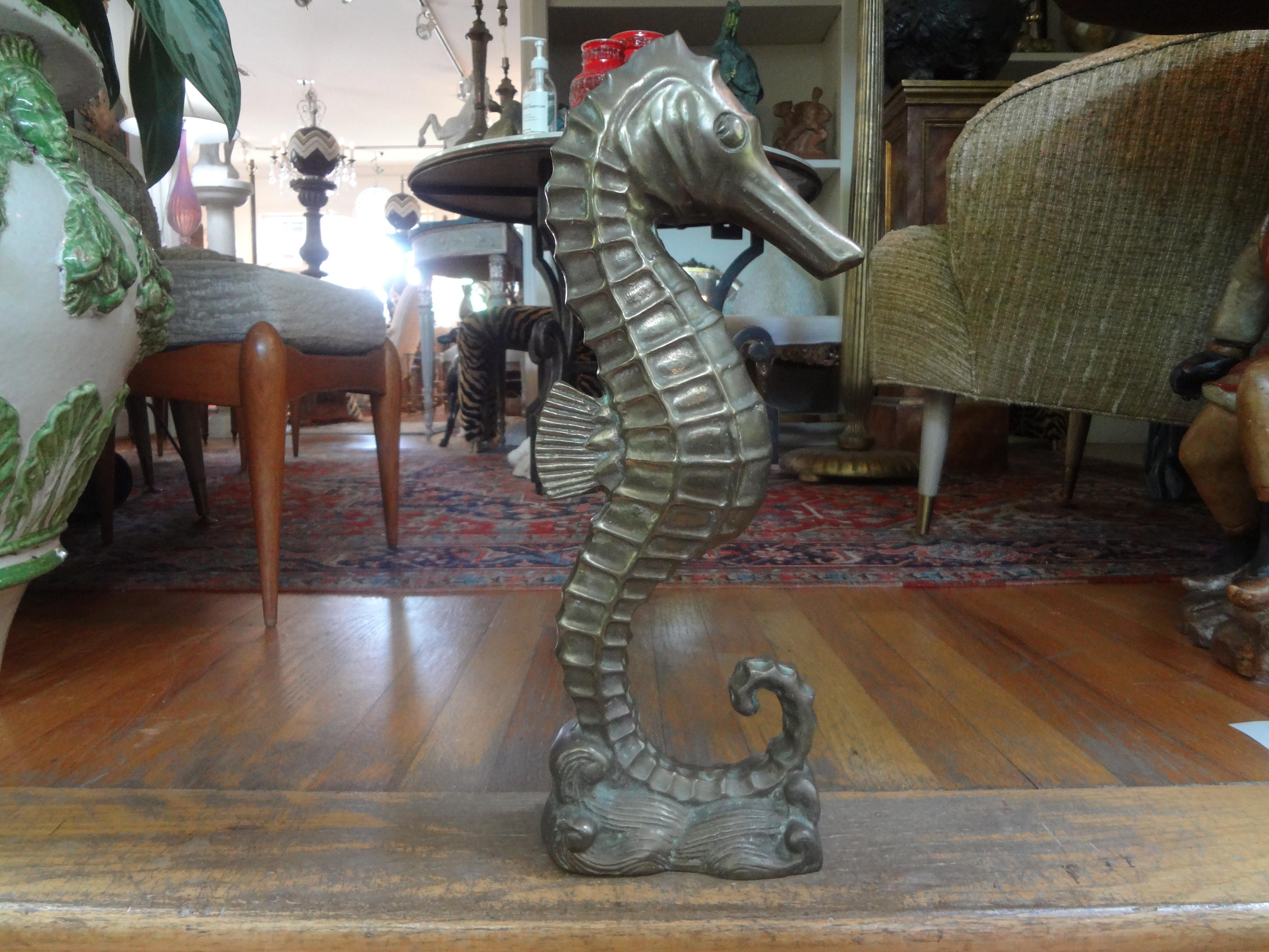 Large Hollywood Regency midcentury solid cast brass seahorse sculpture. Our vintage seahorse figure has a gorgeous patina!.