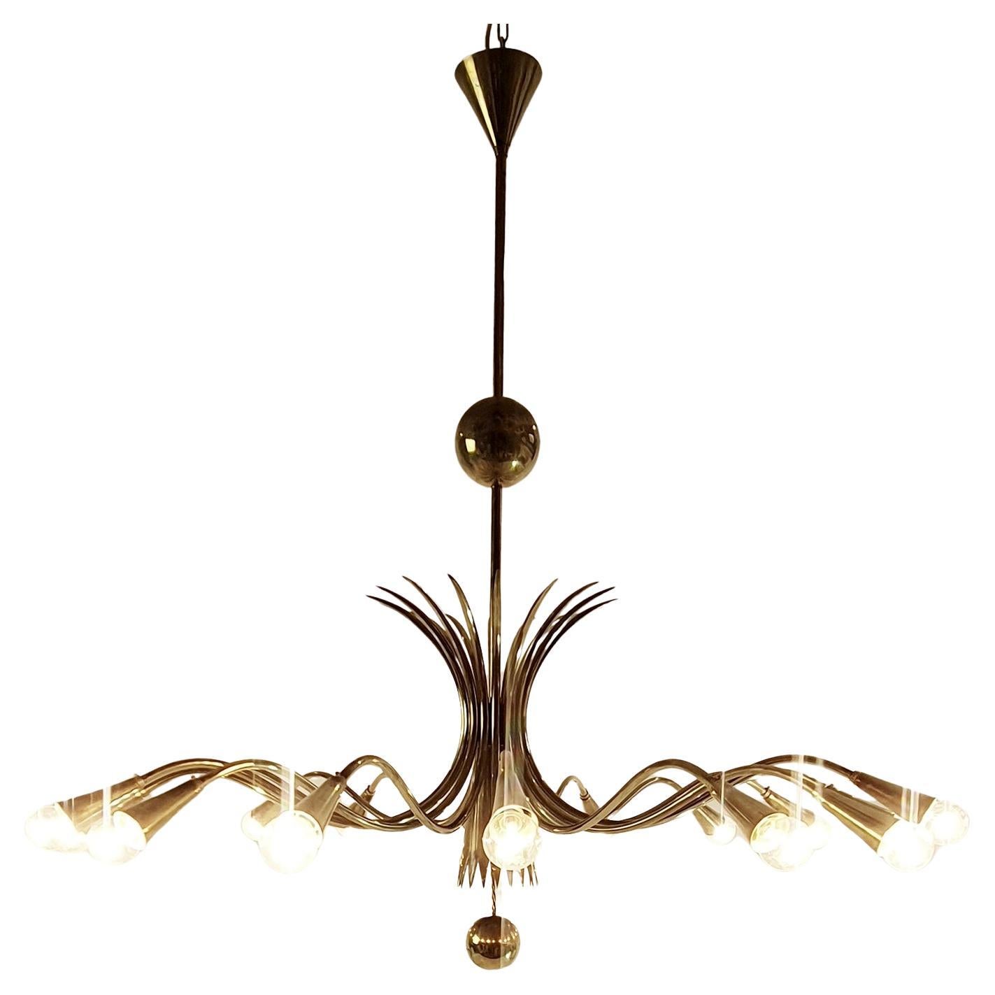 Large Mid Century Brass Sixteen-Arm Chandelier Italy For Sale