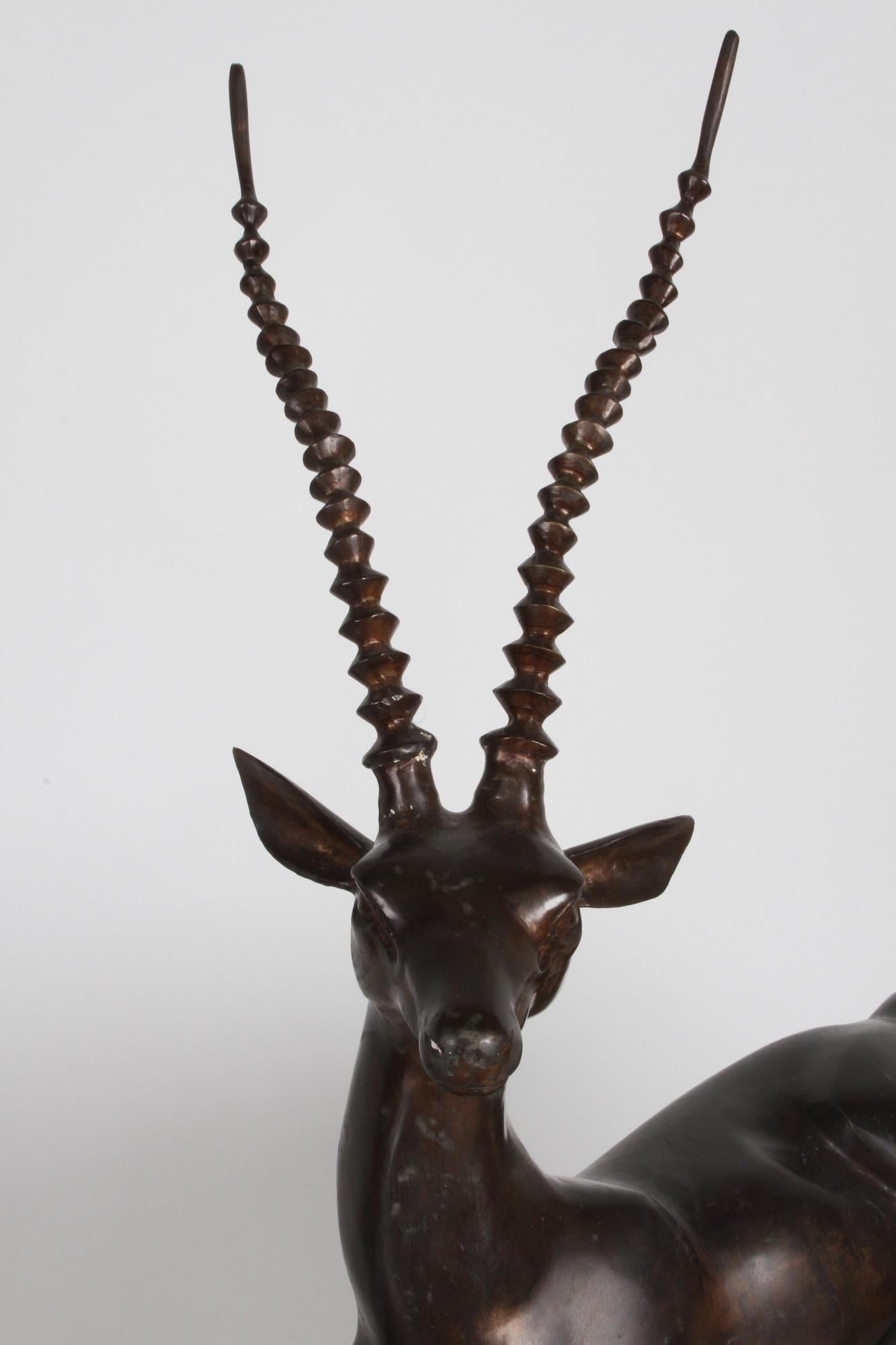 Patinated Large Mid-Century Bronze Gazelle Sculpture in Lying Position