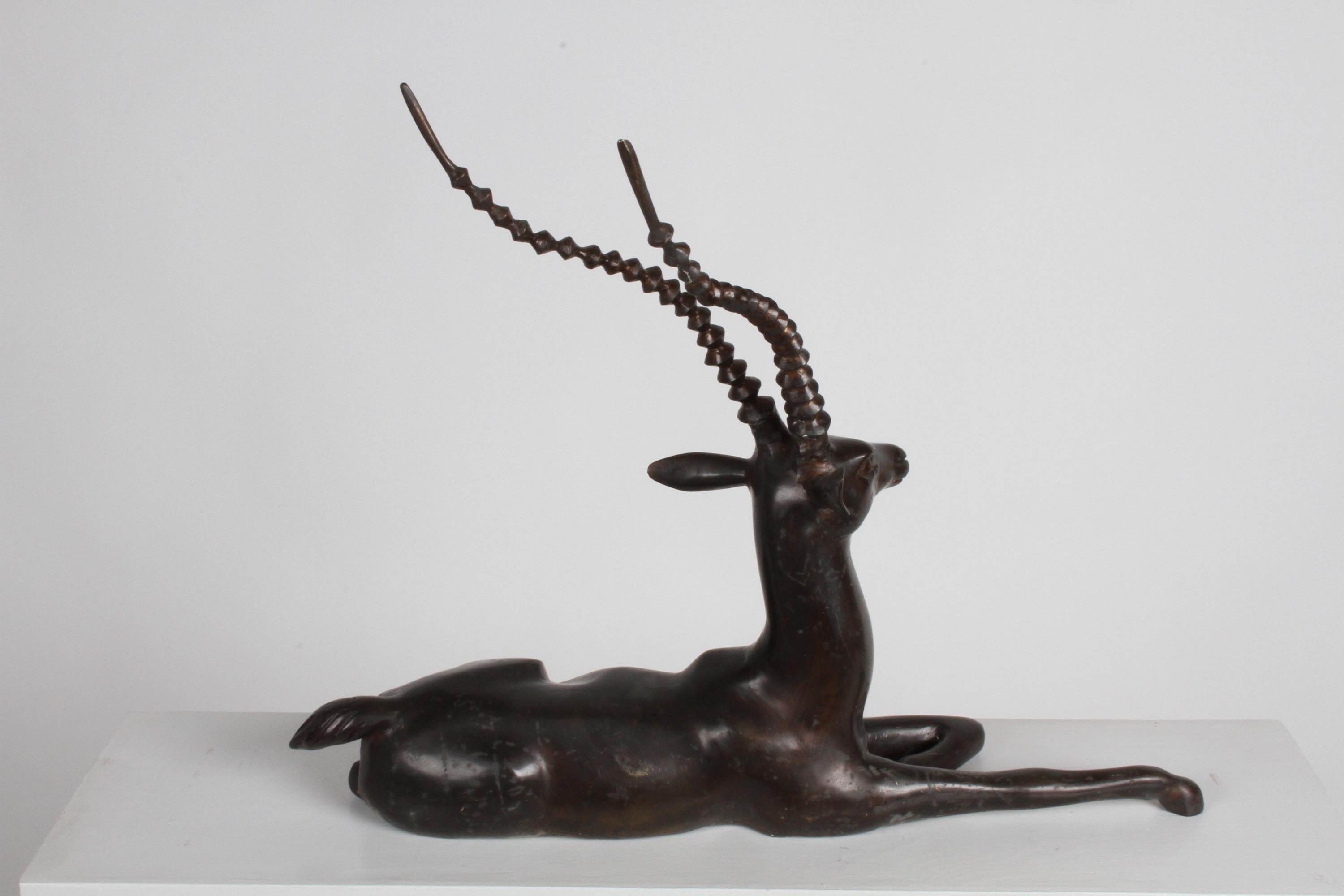 Large Mid-Century Bronze Gazelle Sculpture in Lying Position 1