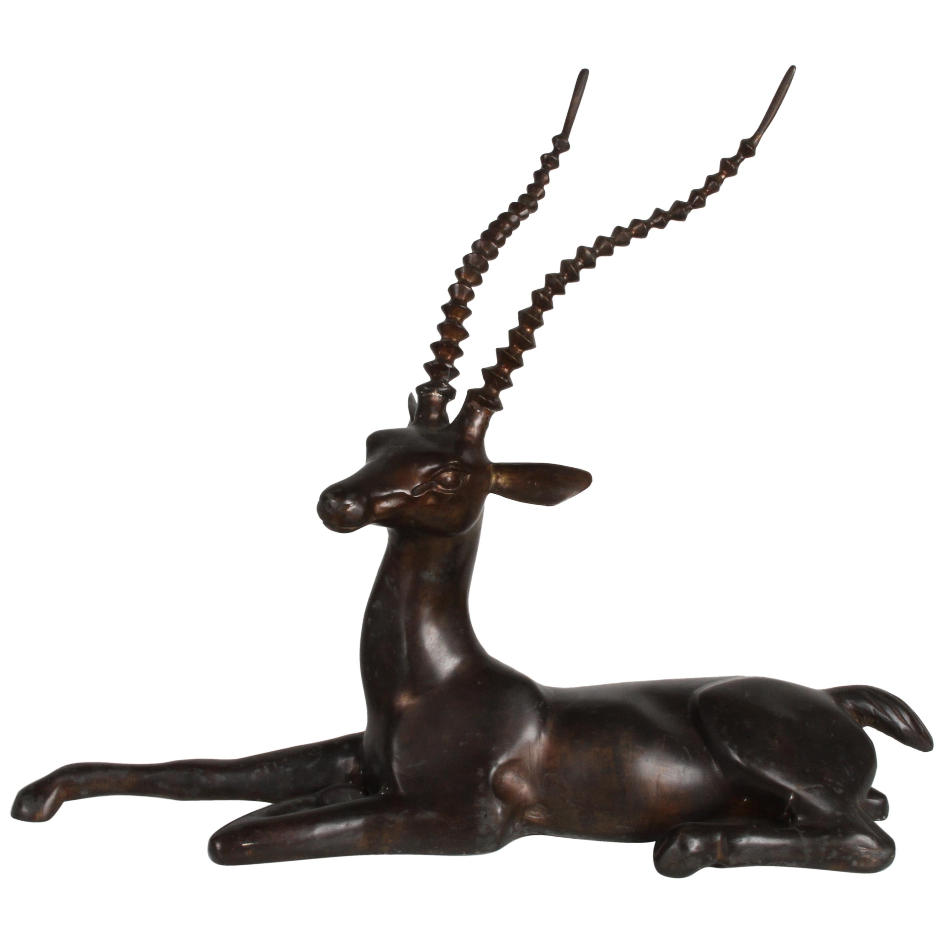 Large Mid-Century Bronze Gazelle Sculpture in Lying Position