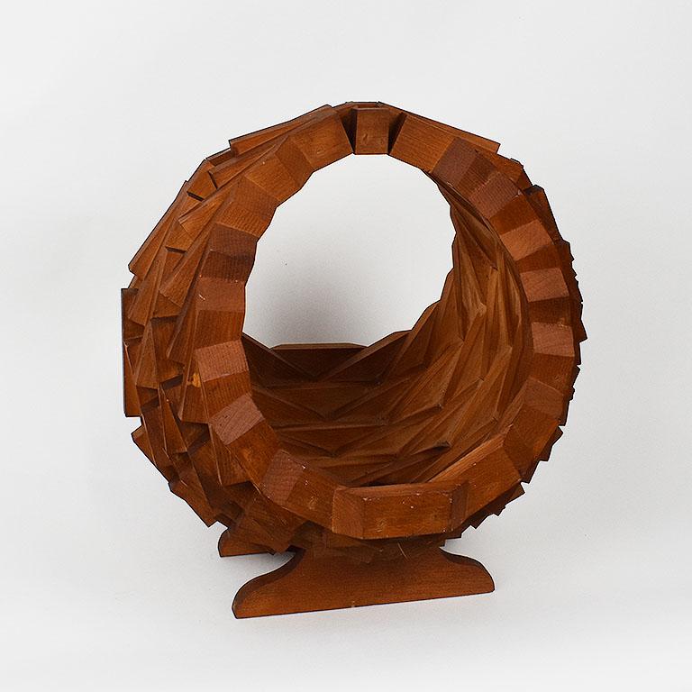 Mid-Century Modern Large Midcentury Brown Wood Tramp Art Style Storage Basket or Planter