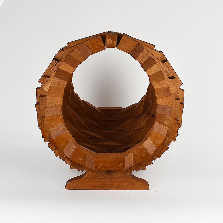 American Large Midcentury Brown Wood Tramp Art Style Storage Basket or Planter