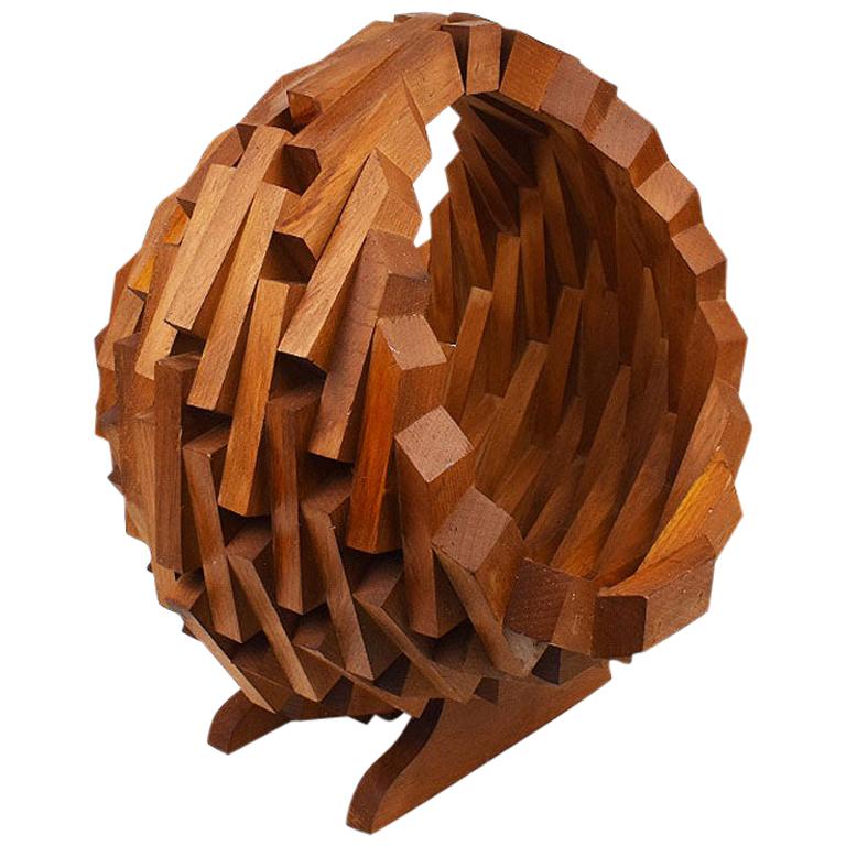 Large Midcentury Brown Wood Tramp Art Style Storage Basket or Planter