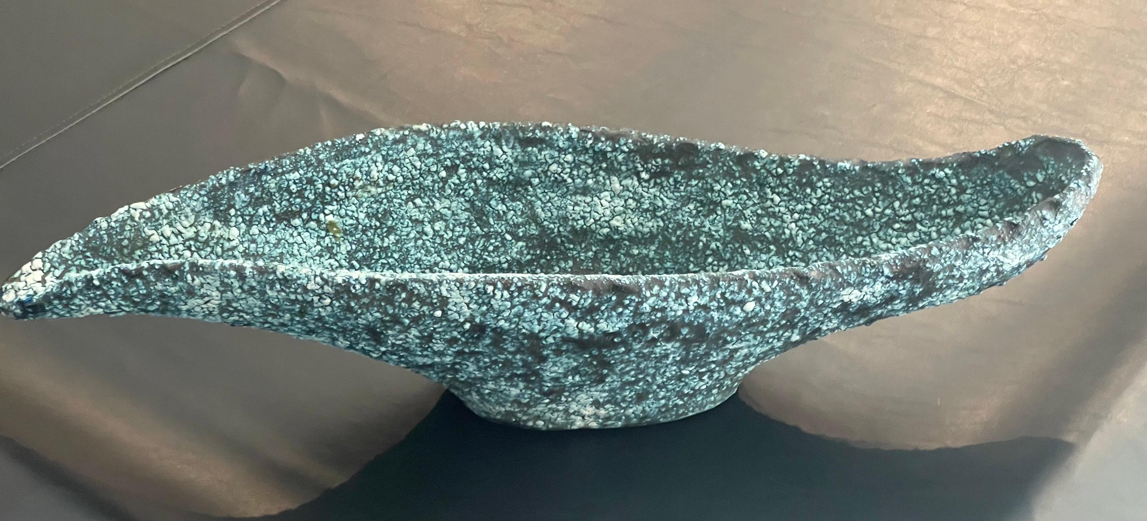 Large Mid-Century Brutalist Bowl in Blue Lava Glaze In Good Condition For Sale In San Diego, CA