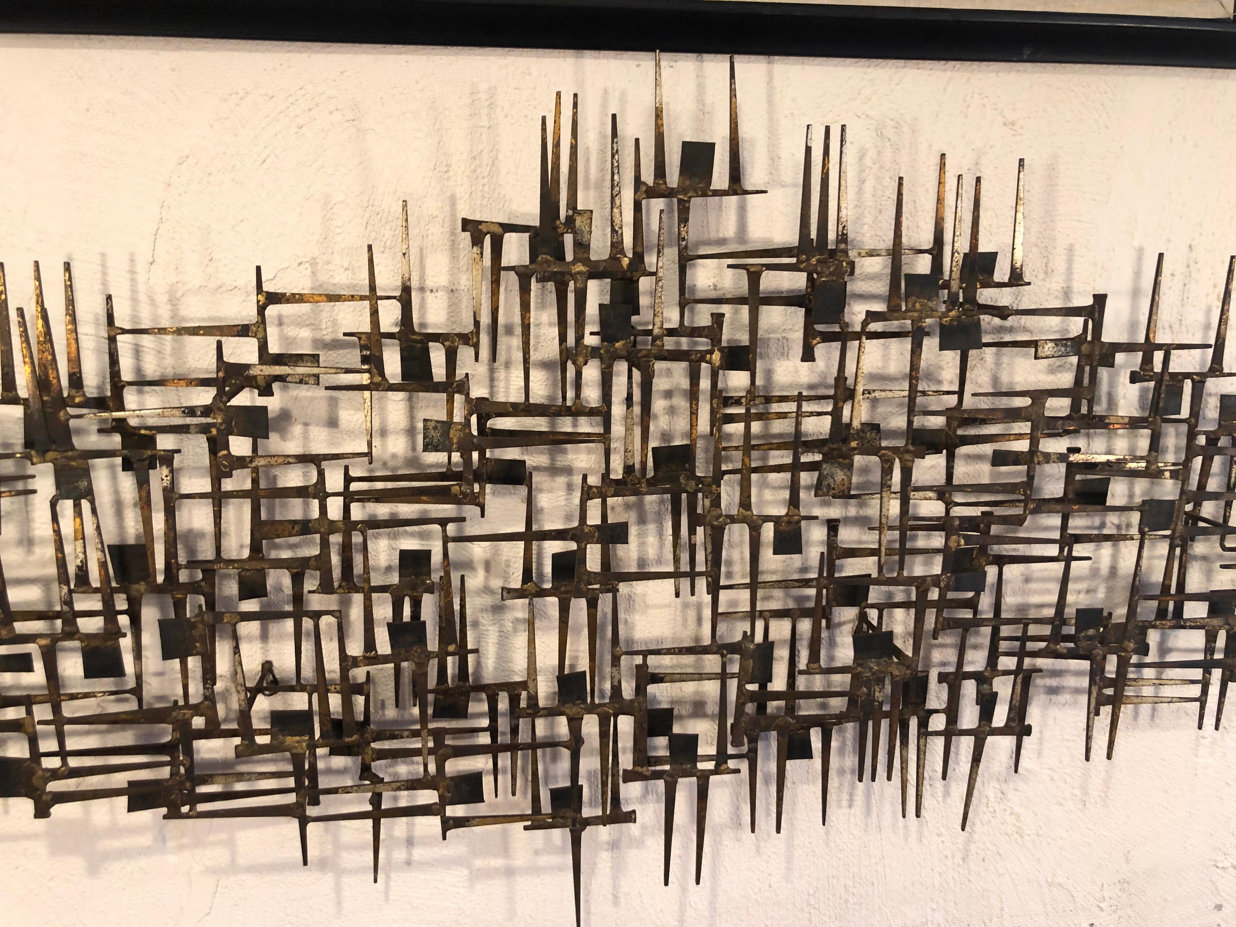 Large Midcentury Brutalist Nail Wall Sculpture Attributed to Weinstein 1