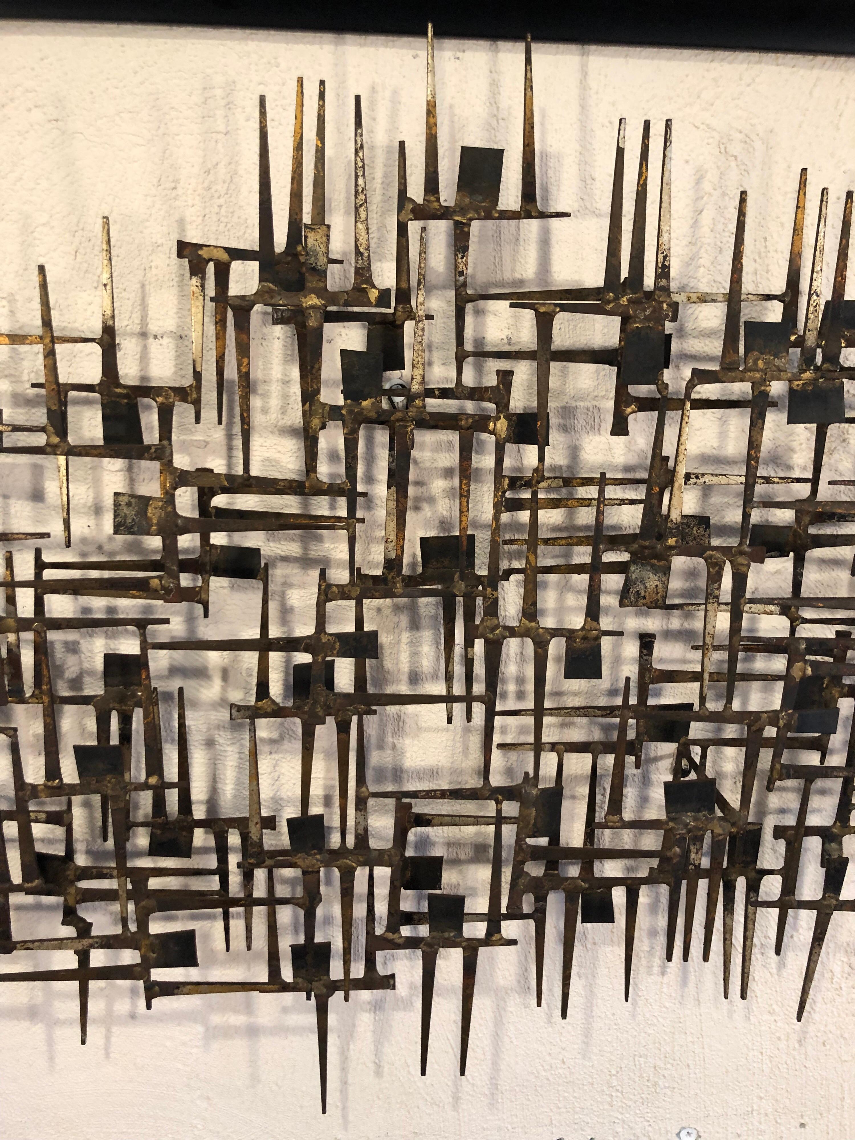 Large Midcentury Brutalist Nail Wall Sculpture Attributed to Weinstein 2