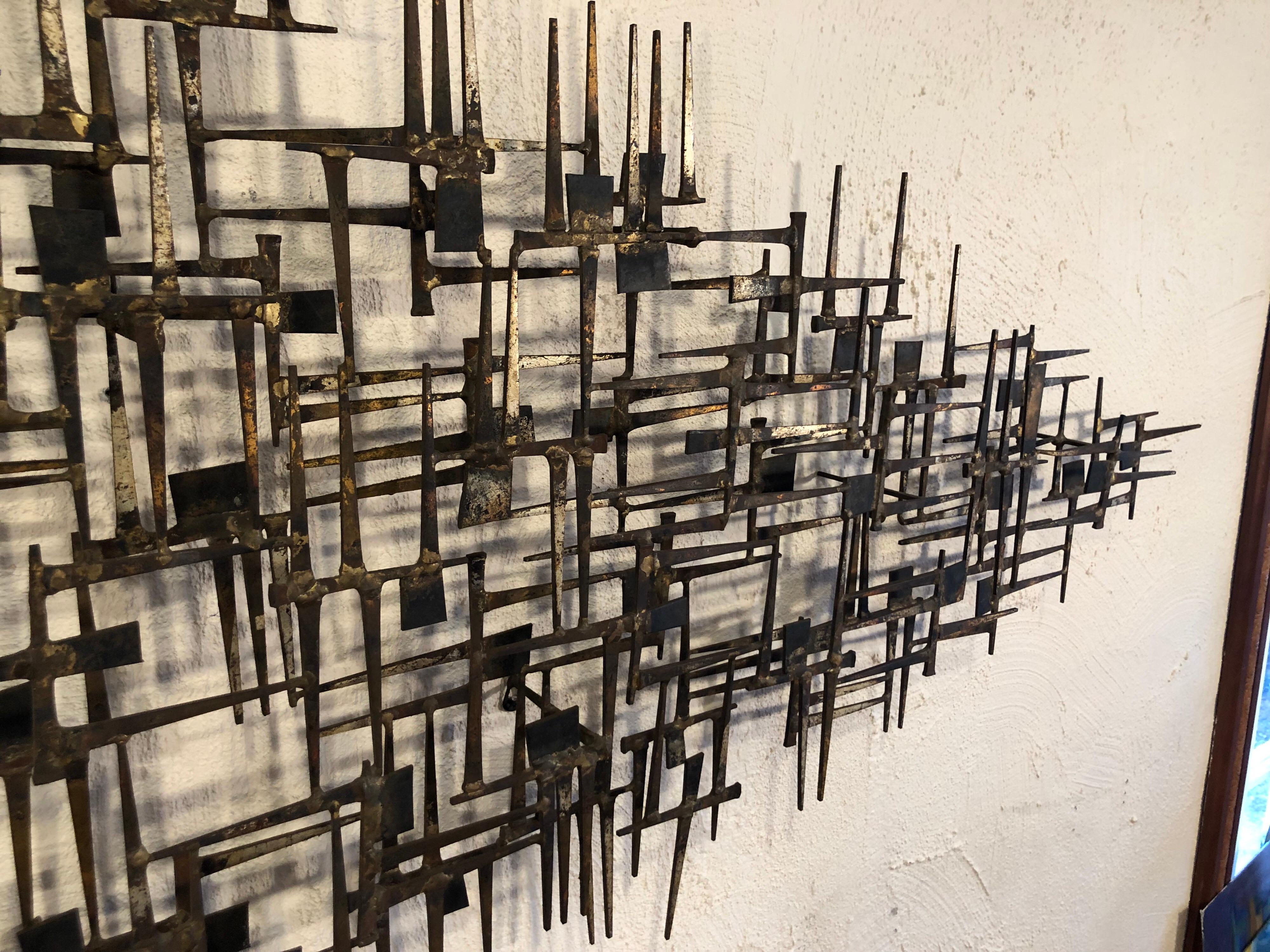 Large Midcentury Brutalist Nail Wall Sculpture Attributed to Weinstein 6