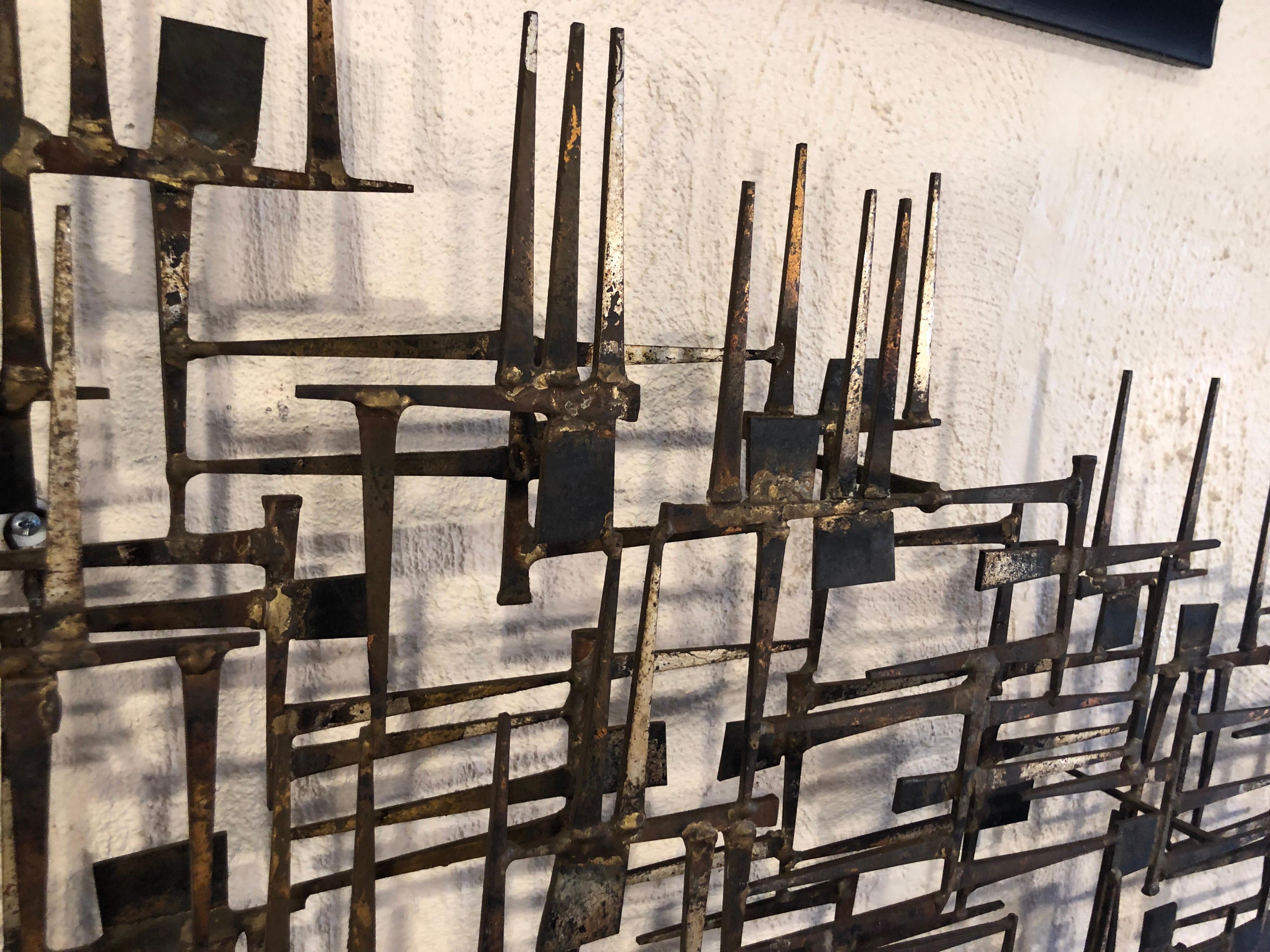 Large Midcentury Brutalist Nail Wall Sculpture Attributed to Weinstein 10