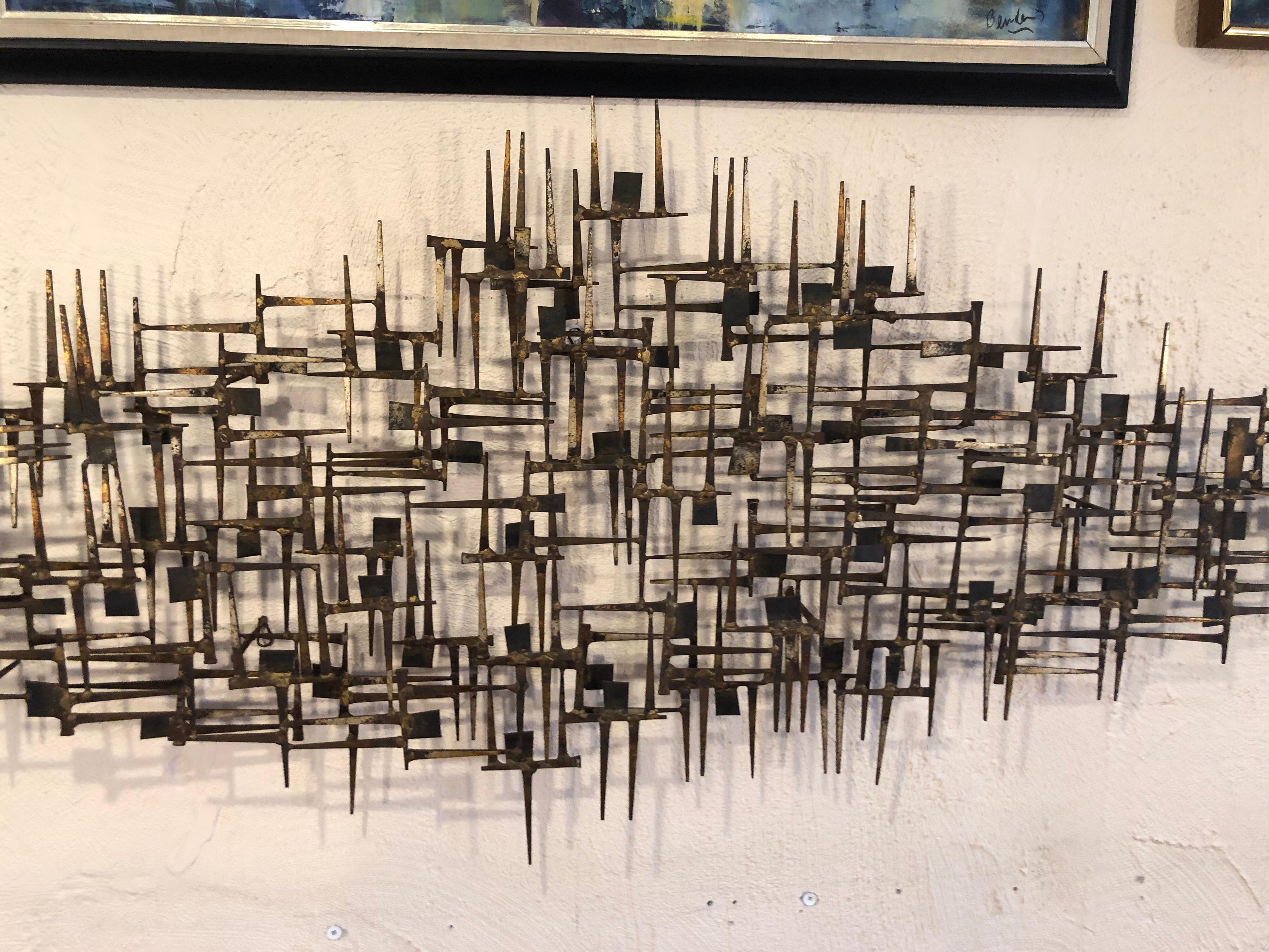 Welded Large Midcentury Brutalist Nail Wall Sculpture Attributed to Weinstein