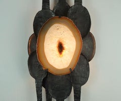 large mid century brutalist WALL SCONCE wrought iron and agate