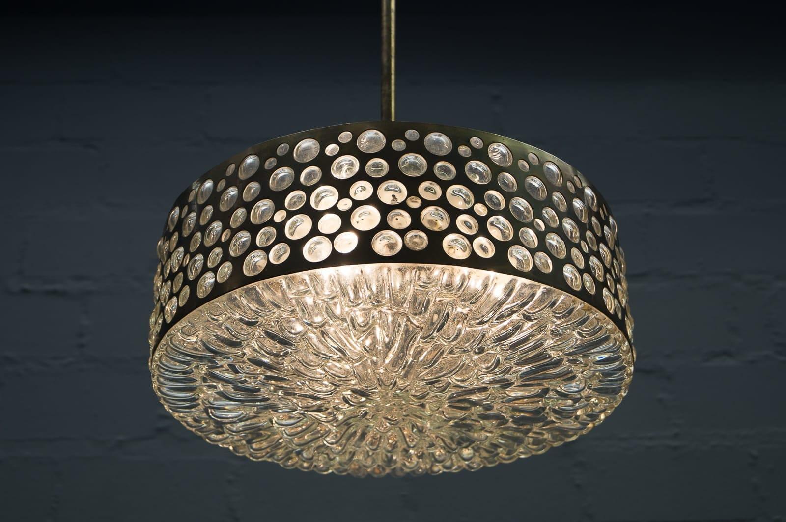 Large Midcentury Bubble Glass and Brass Ceiling Lamp for Limburg, Germany, 1960s In Good Condition For Sale In Nürnberg, Bayern