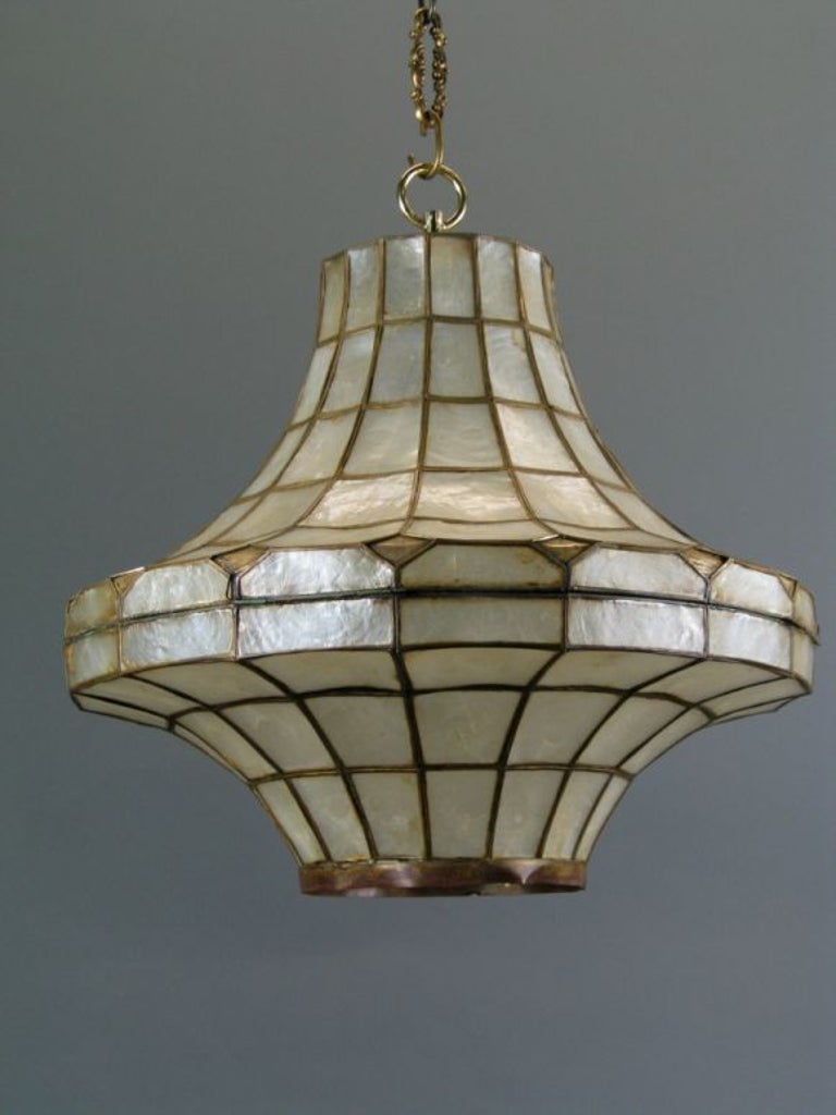 Large Midcentury Capiz Shell Pendant(2 available) In Good Condition For Sale In Douglas Manor, NY