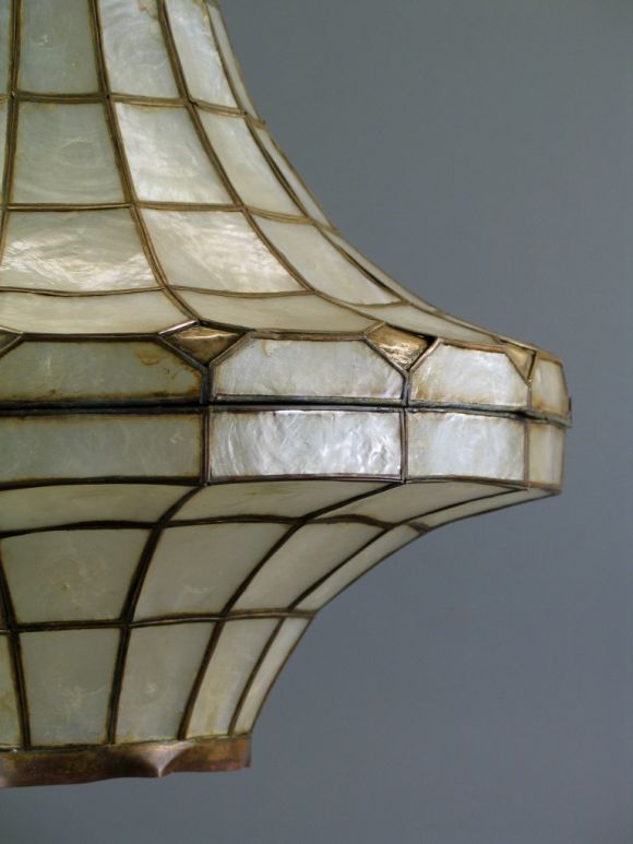Large Midcentury Capiz Shell Pendant /Lantern. (2 available) In Good Condition For Sale In Douglas Manor, NY