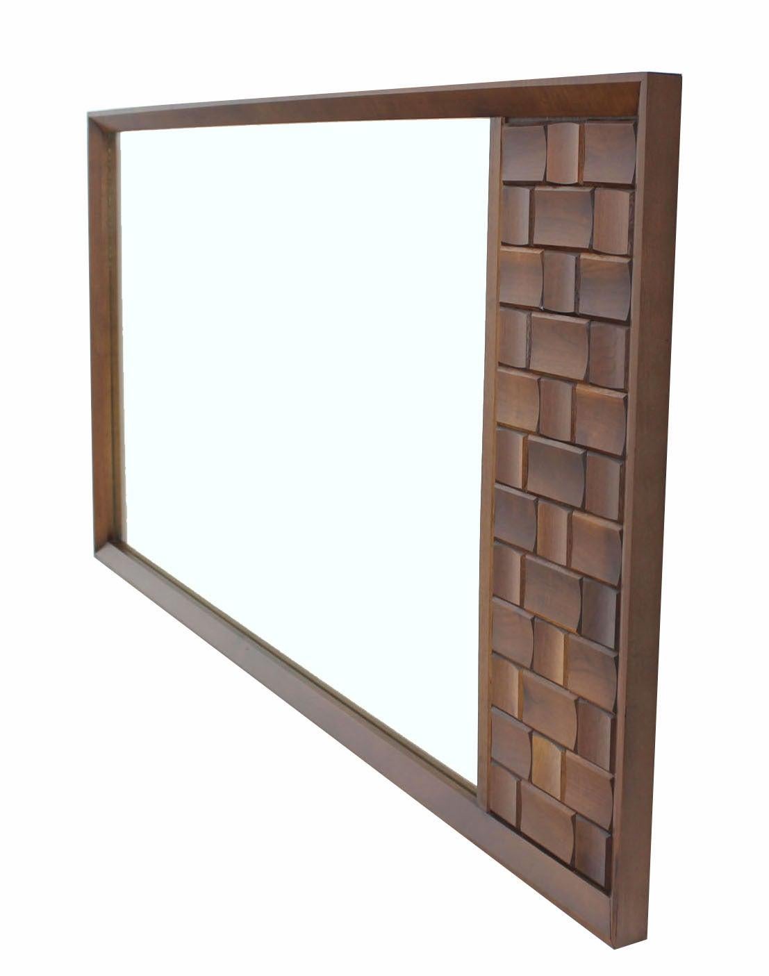 American Large MId Century Carved Walnut Frame Mirror with Solid Walnut Carved Panel MINT For Sale