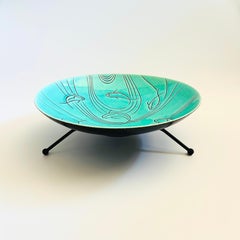 Large Mid Century Ceramic Fish Serving Bowl on Metal Base by Roselane Pottery