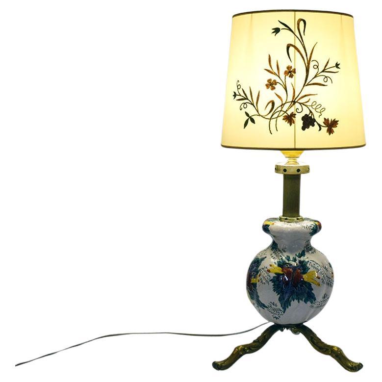 Large mid-century ceramic lamp (97 cm) with floral decoration, 1950s For Sale