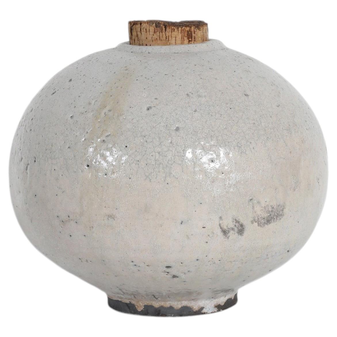 Large Mid-Century Ceramic Moon Jar with Speckled White Glaze and Cork Stopper For Sale