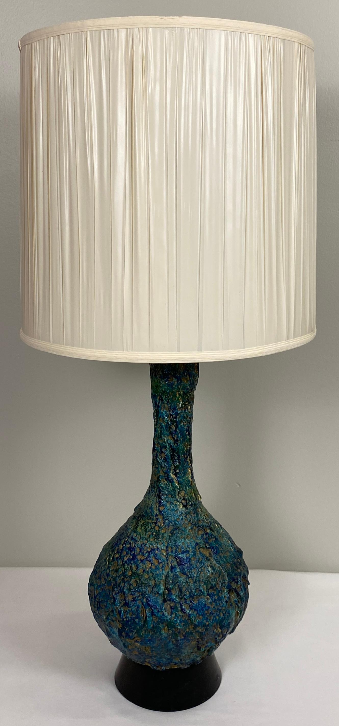 Large Mid-Century Ceramic Table Lamp Blue and Beige For Sale 1