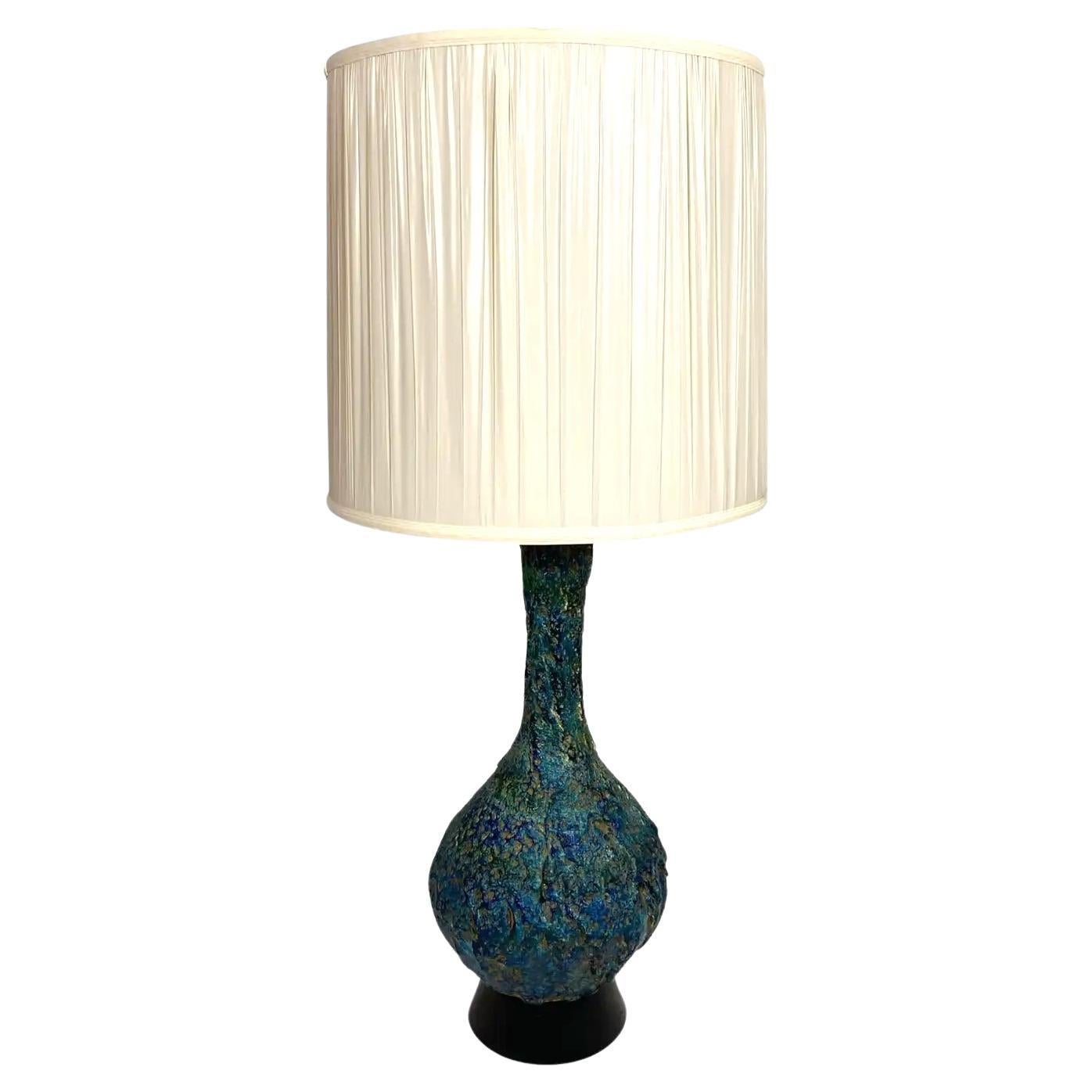Grande lampada da tavolo in ceramica di metà secolo, blu e beige in vendita