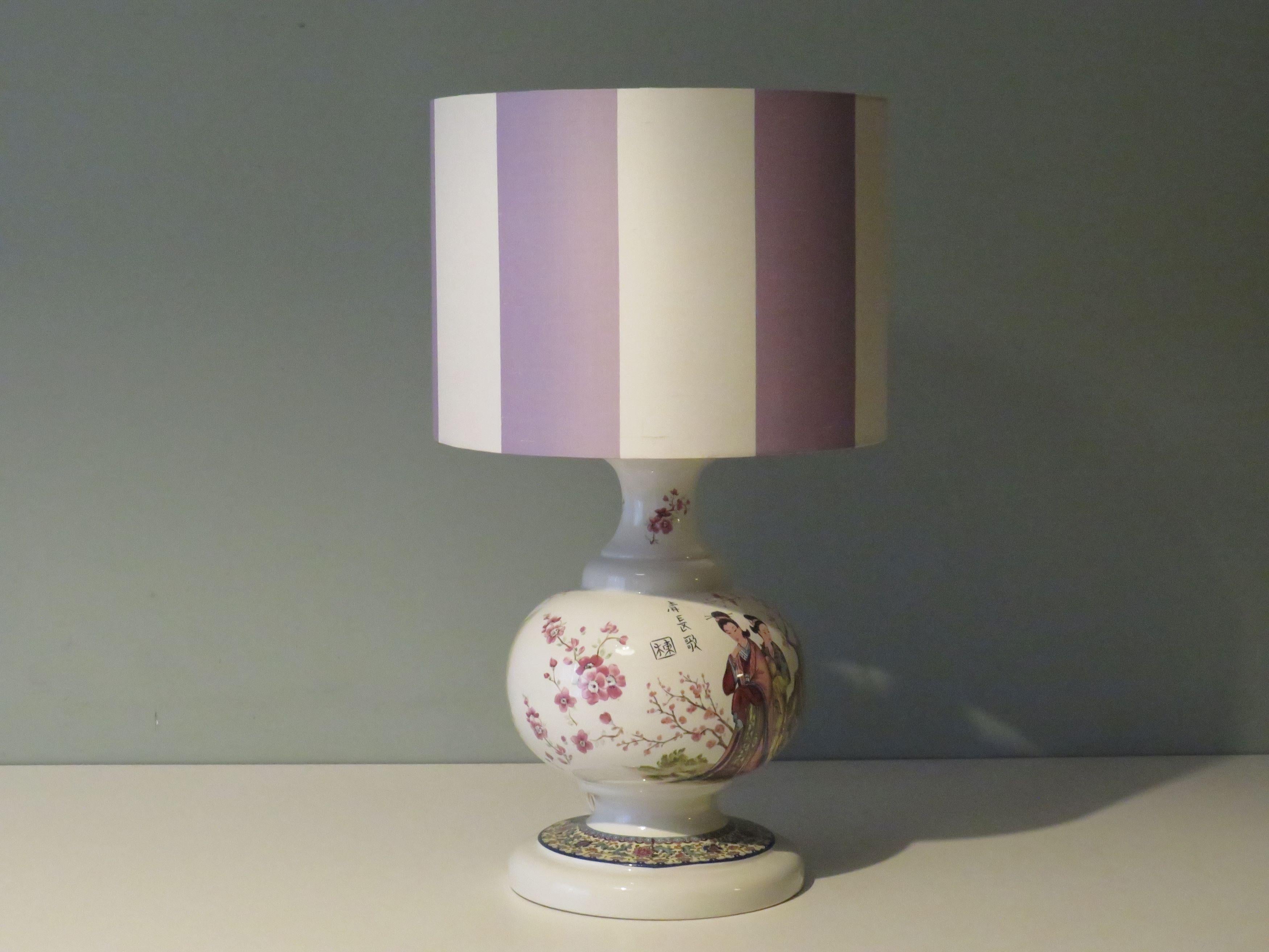 French Large Mid century ceramic table lamp with Oriental images. For Sale