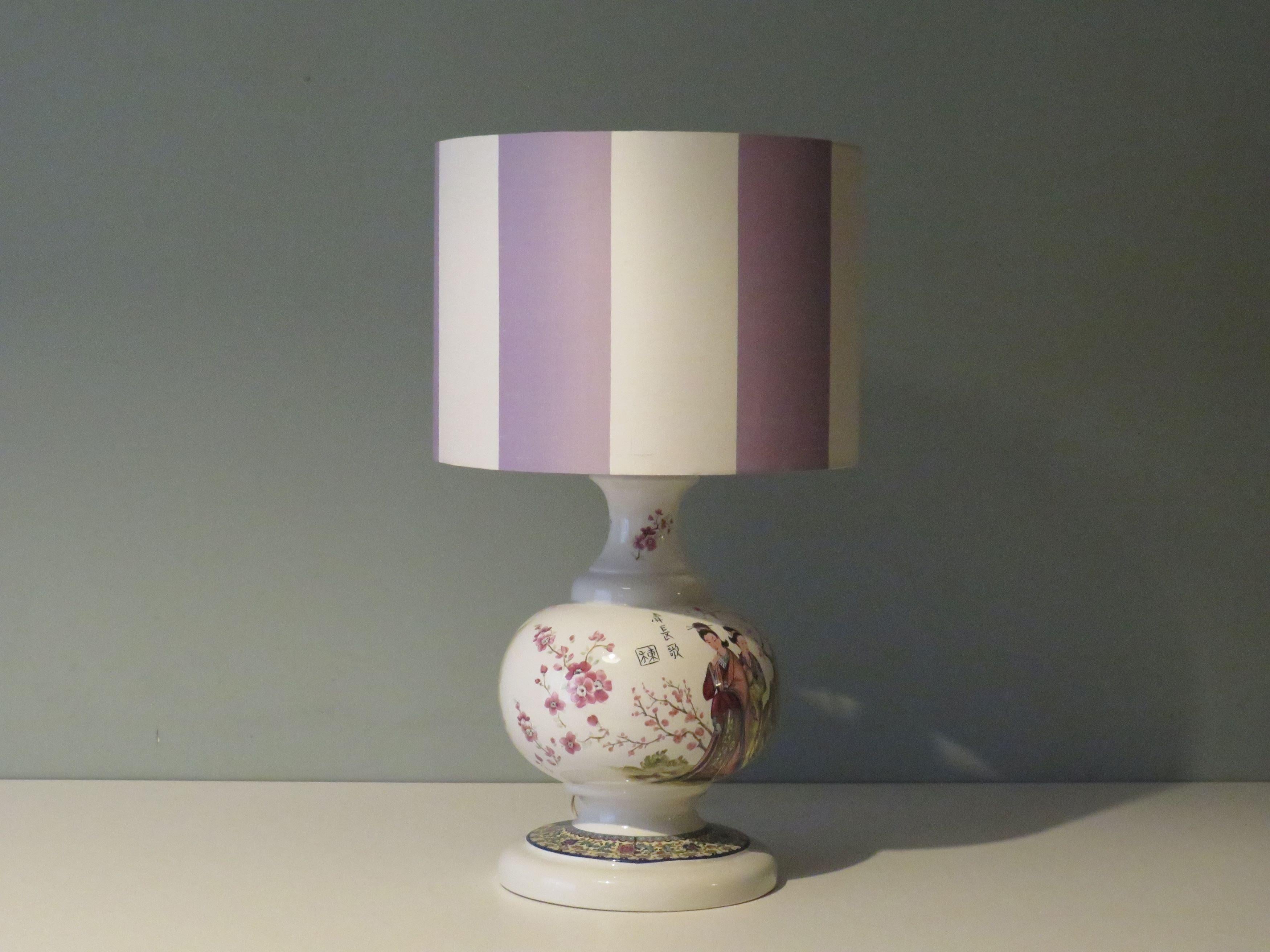 Glazed Large Mid century ceramic table lamp with Oriental images. For Sale