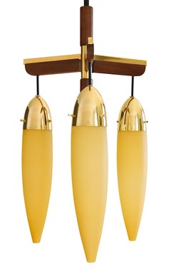Mid-Century Modern Chandelier, Stilnovo or Arlus, Teak & Brass, 1950s